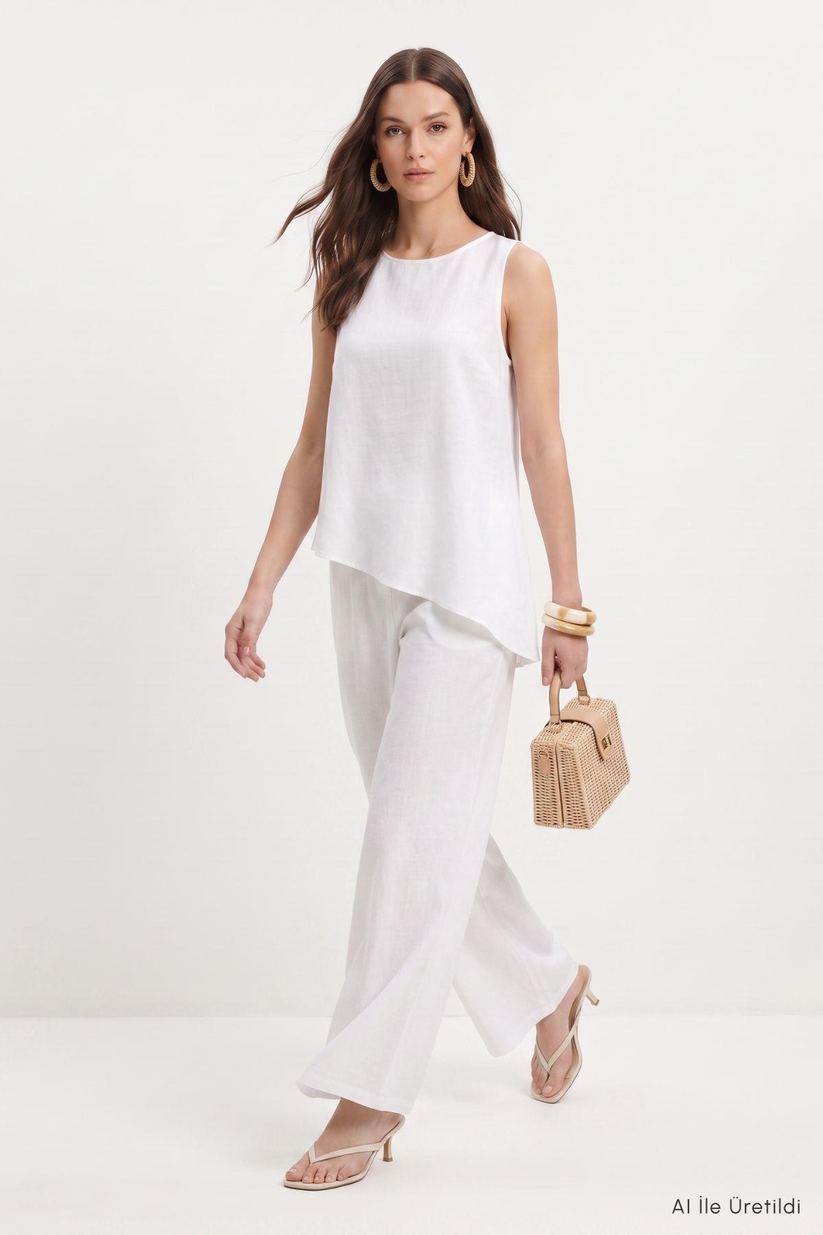 Asimetrik Kesim Bluz Pantolon Takım 8660A Ekru - 1