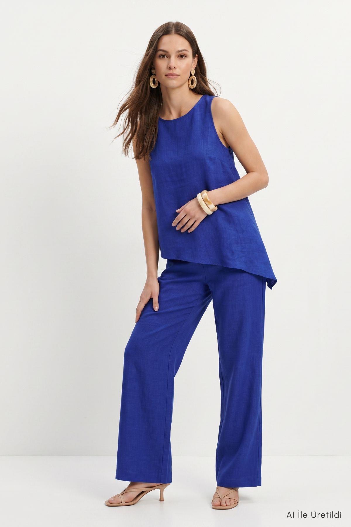Asimetrik Kesim Bluz Pantolon Takım 8660A Saks - RAYS