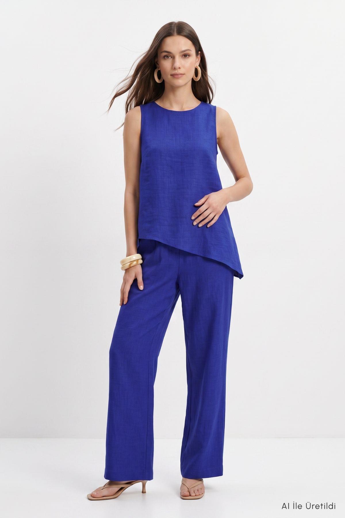 Asimetrik Kesim Bluz Pantolon Takım 8660A Saks - RAYS