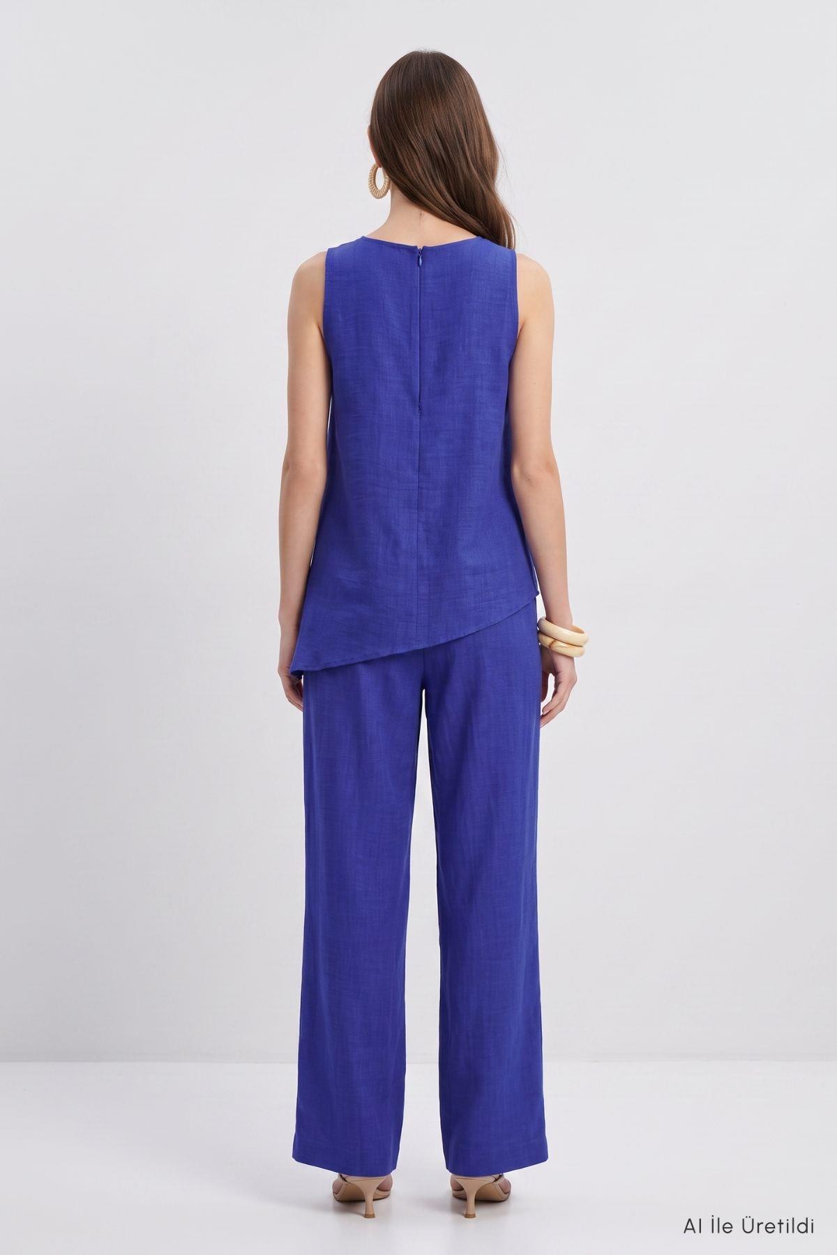 Asimetrik Kesim Bluz Pantolon Takım 8660A Saks - RAYS