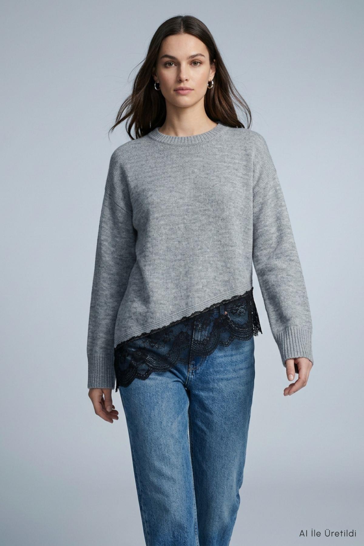 Asimetrik Kesim Oversize Kazak 2653 Açık Gri - Rays