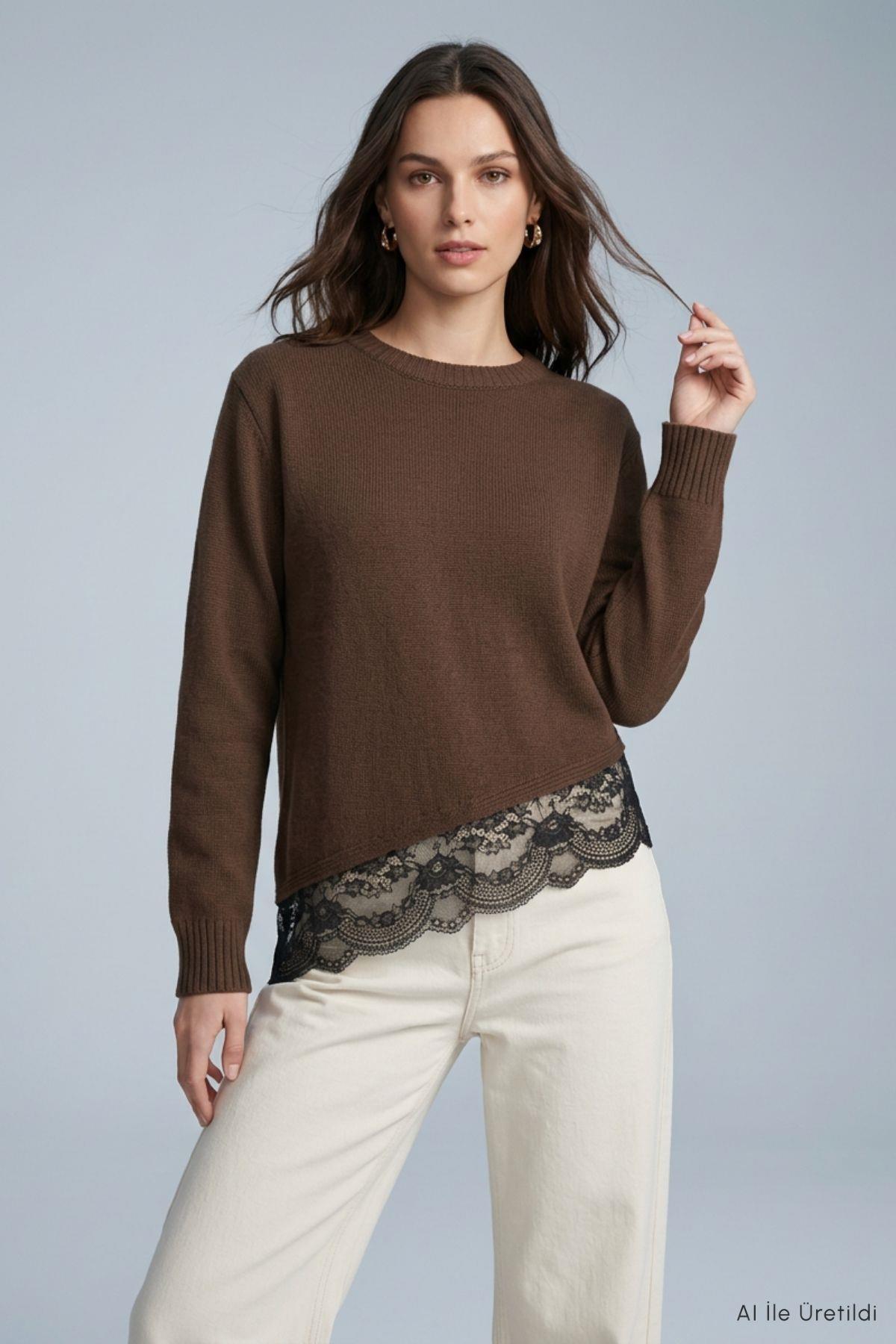 Asimetrik Kesim Oversize Kazak 2653 Kahve - 1