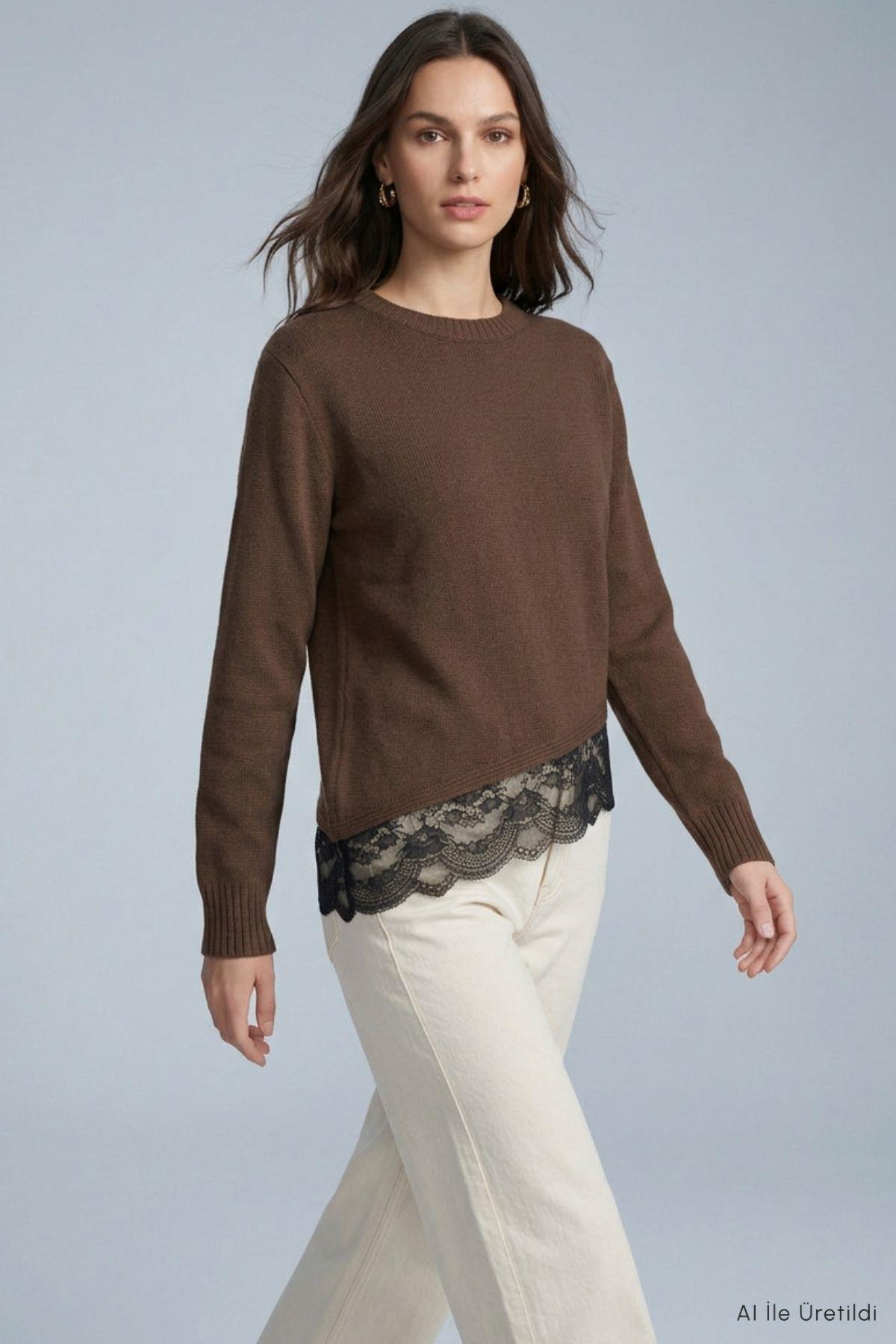 Asimetrik Kesim Oversize Kazak 2653 Kahve - 2