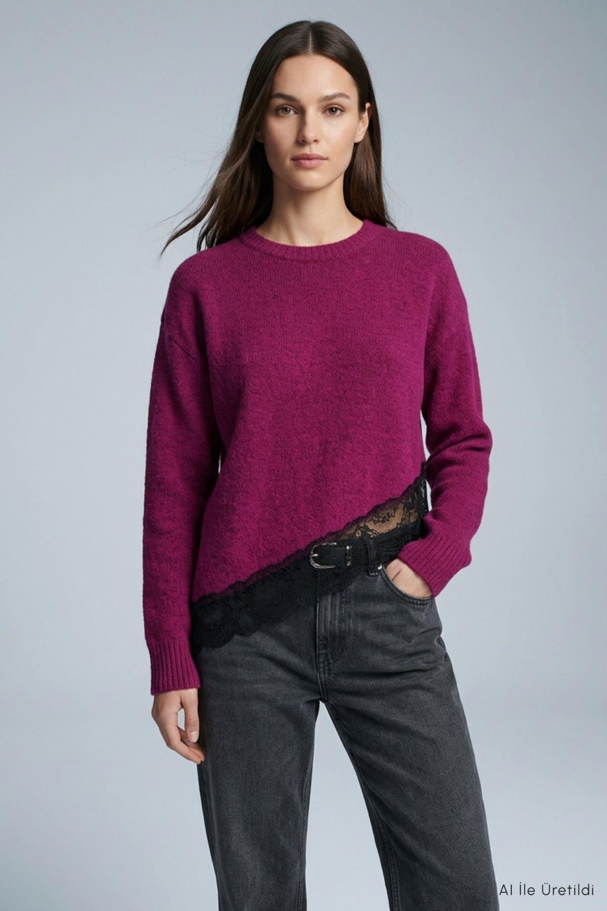 Asimetrik Kesim Oversize Kazak 2653 Mürdüm - 1