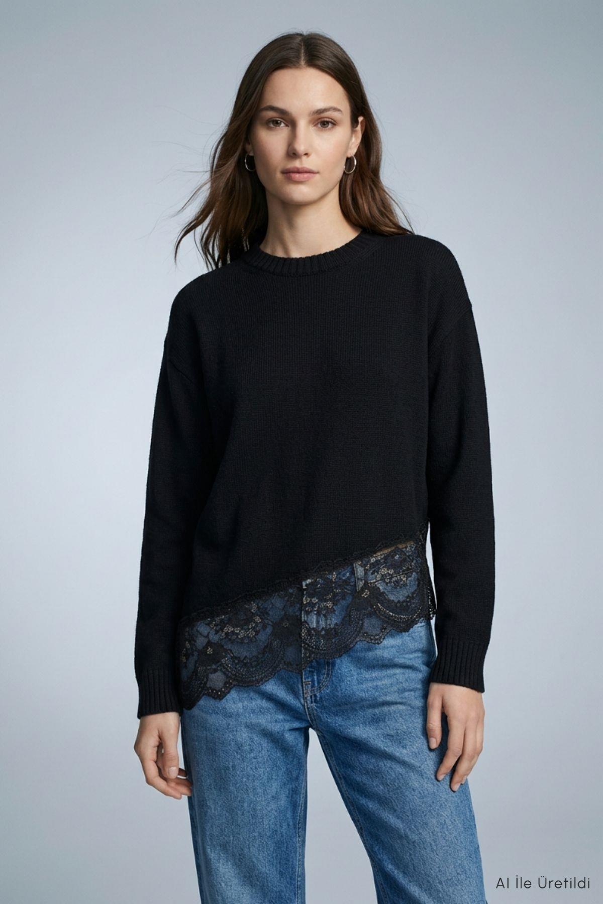 Asimetrik Kesim Oversize Kazak 2653 Siyah - Rays