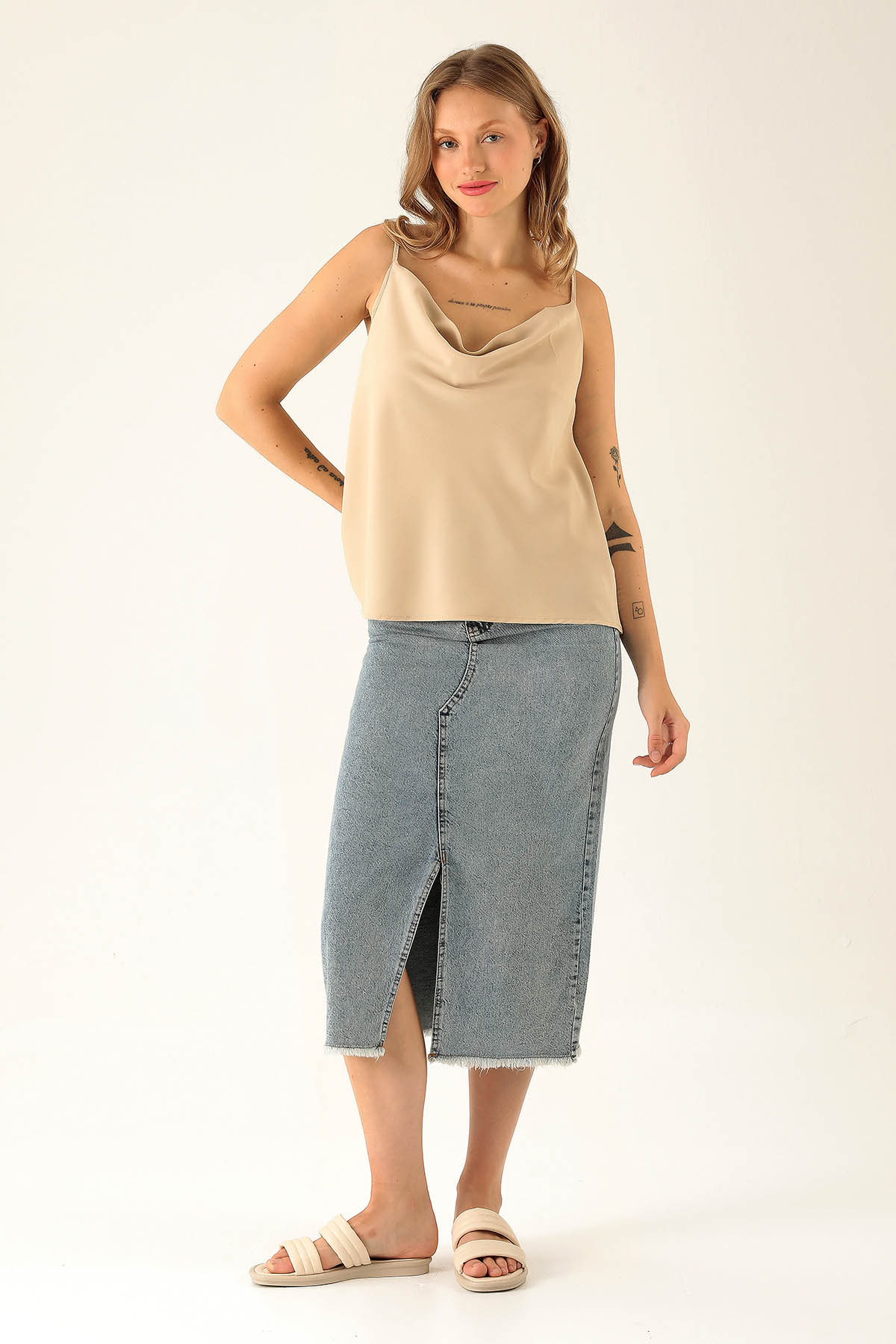 Askılı Degaje Yaka Bluz - 947 Taş - 3