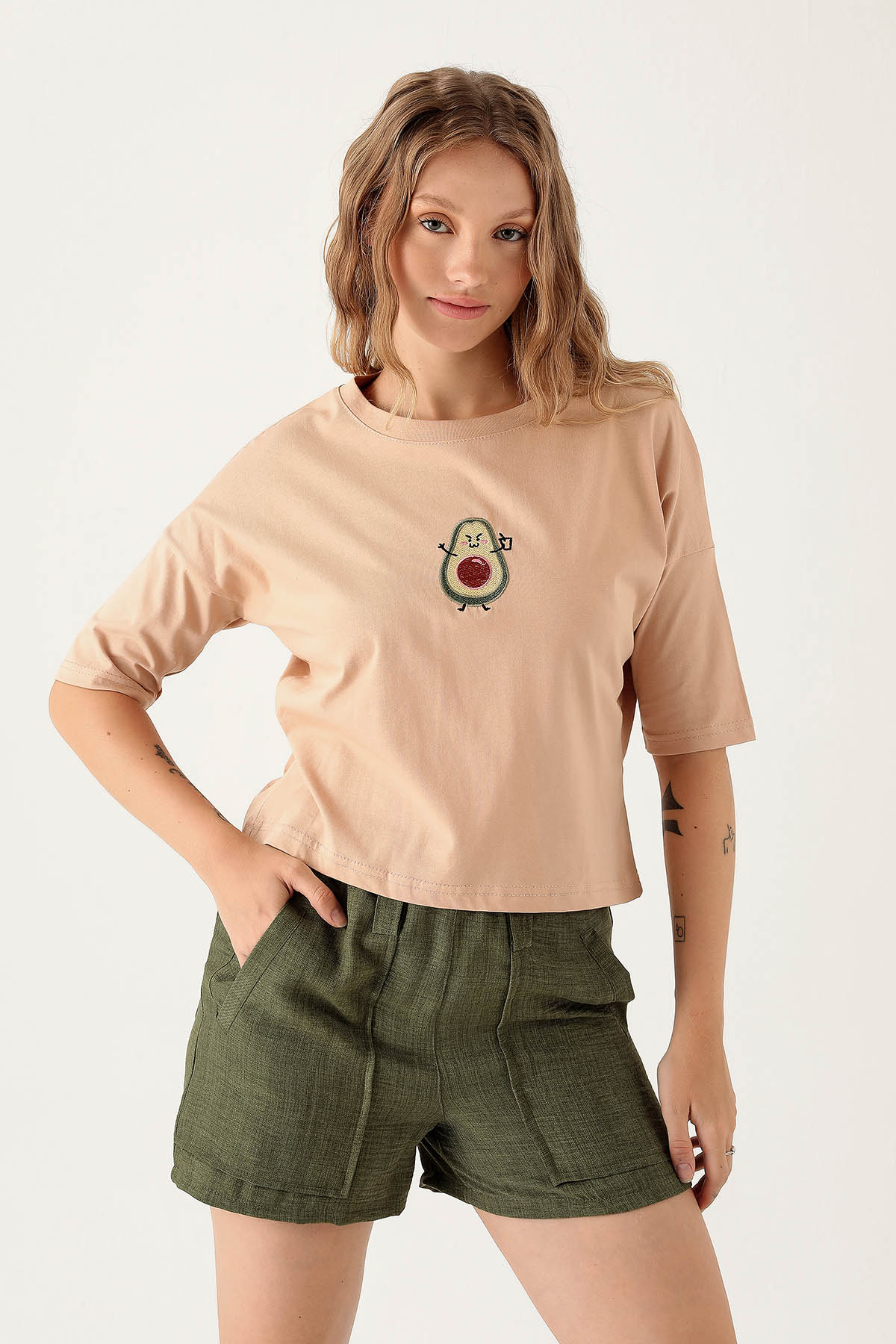 Avakado Baskı Tişört - 12100 Bej 