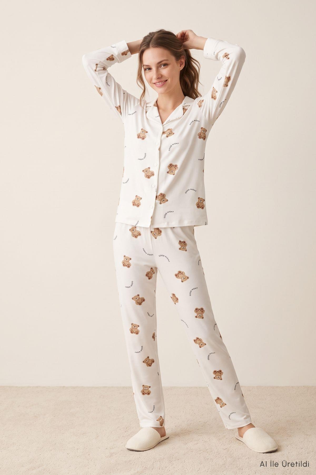 Ayıcık Baskı Yazılı Düğmeli Pijama Takımı 5605 Bej - 2