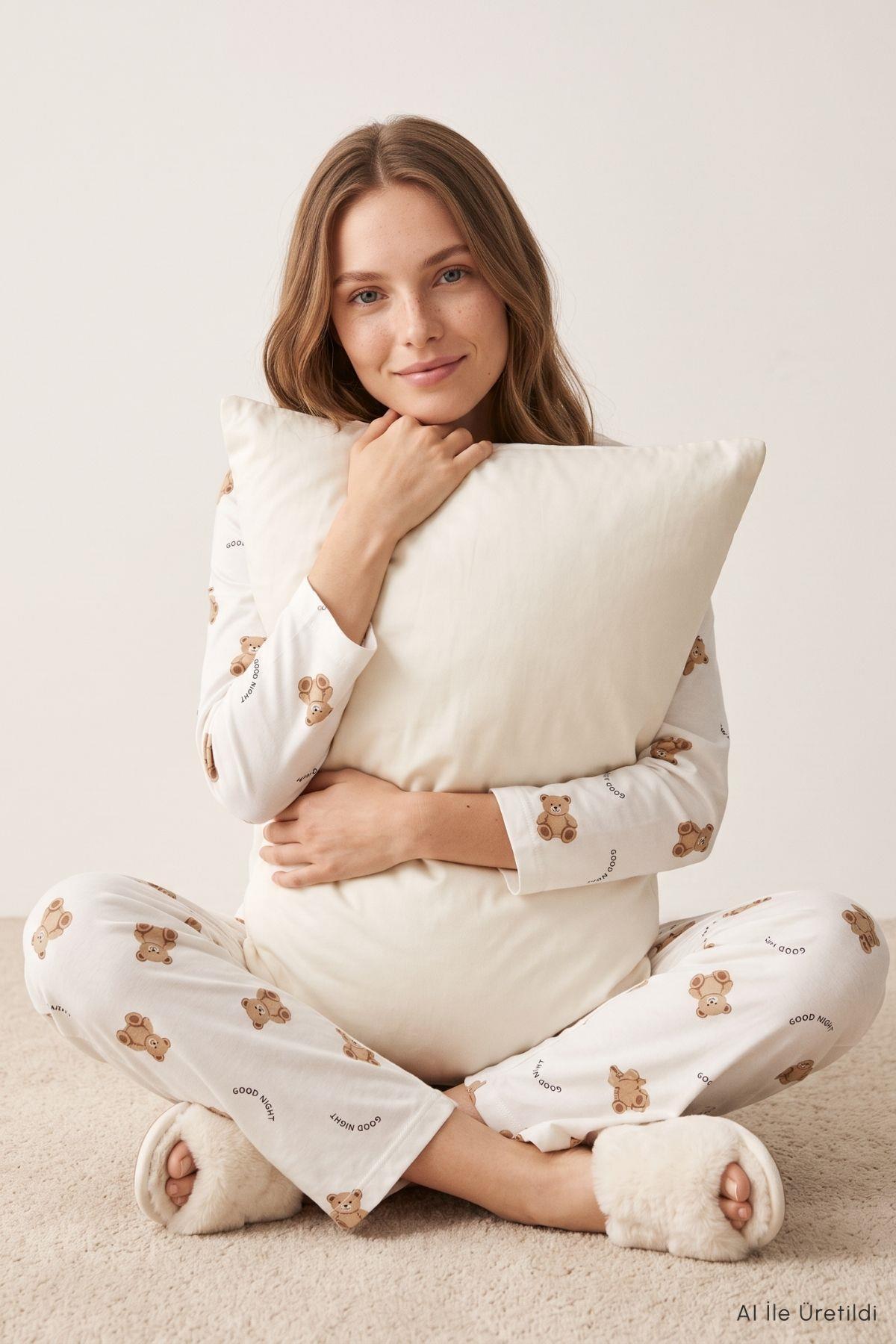 Ayıcık Baskı Yazılı Düğmeli Pijama Takımı 5605 Bej - Rays