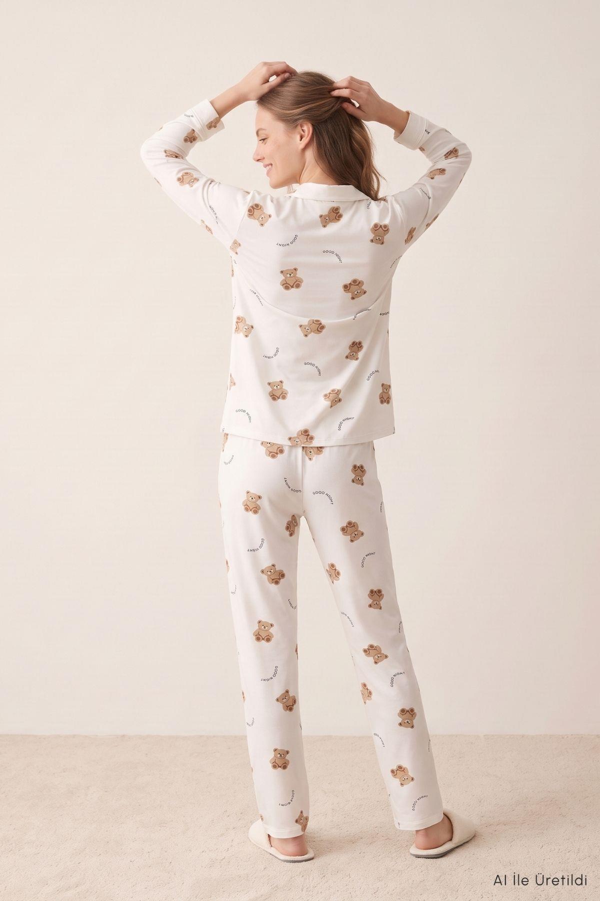 Ayıcık Baskı Yazılı Düğmeli Pijama Takımı 5605 Bej - Rays