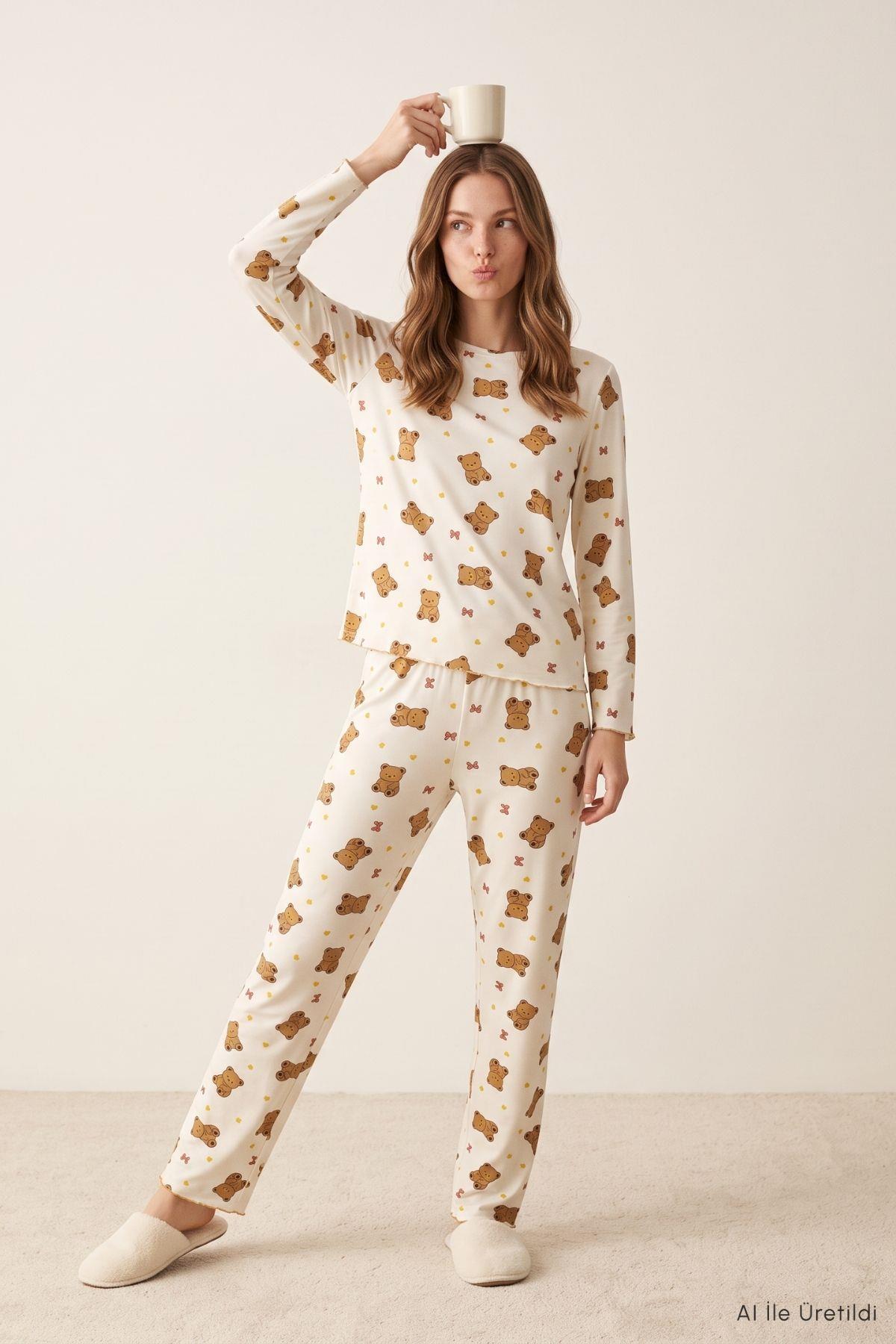 Ayıcık Desen Bisiklet Yaka Pijama Takımı 2311 Bej - Rays