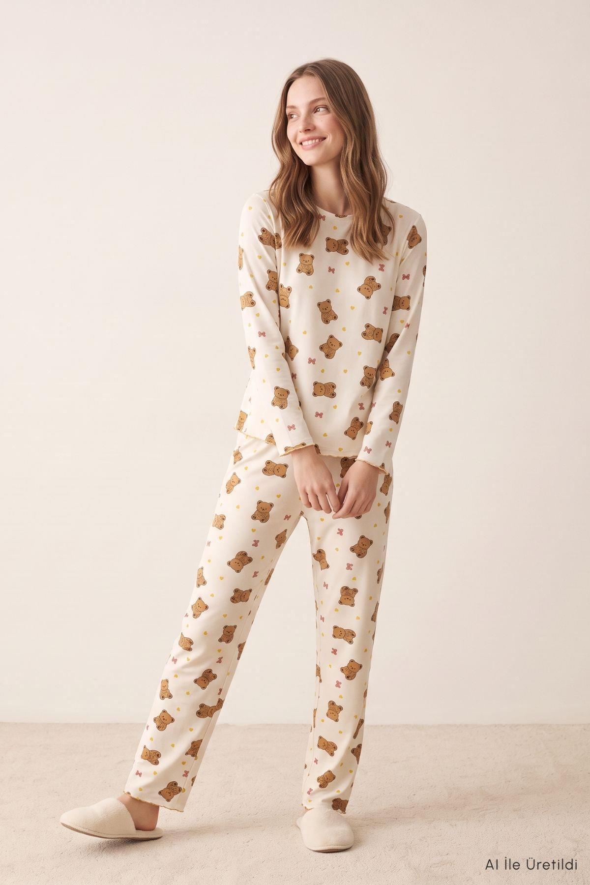 Ayıcık Desen Bisiklet Yaka Pijama Takımı 2311 Bej - 2