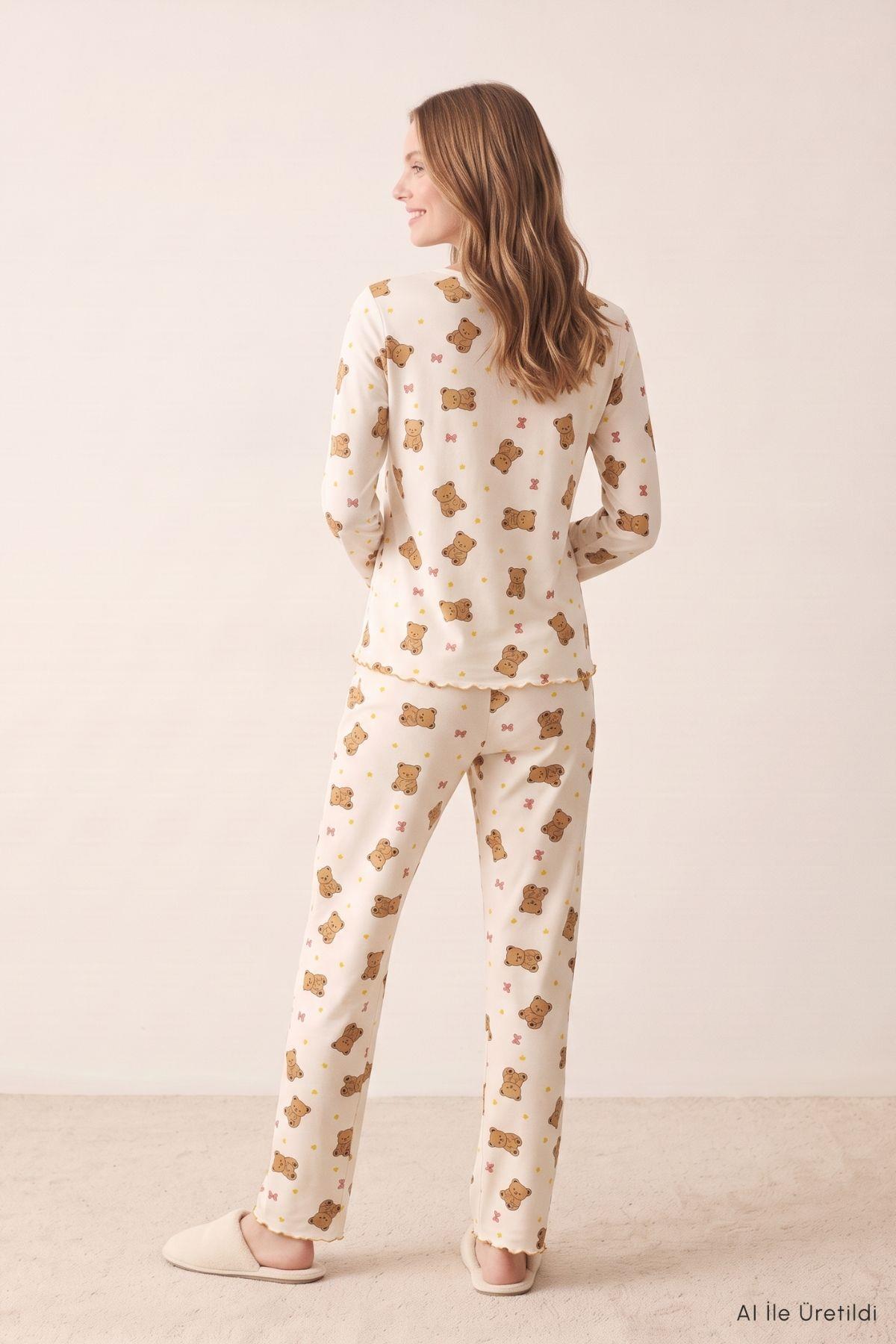 Ayıcık Desen Bisiklet Yaka Pijama Takımı 2311 Bej - Rays