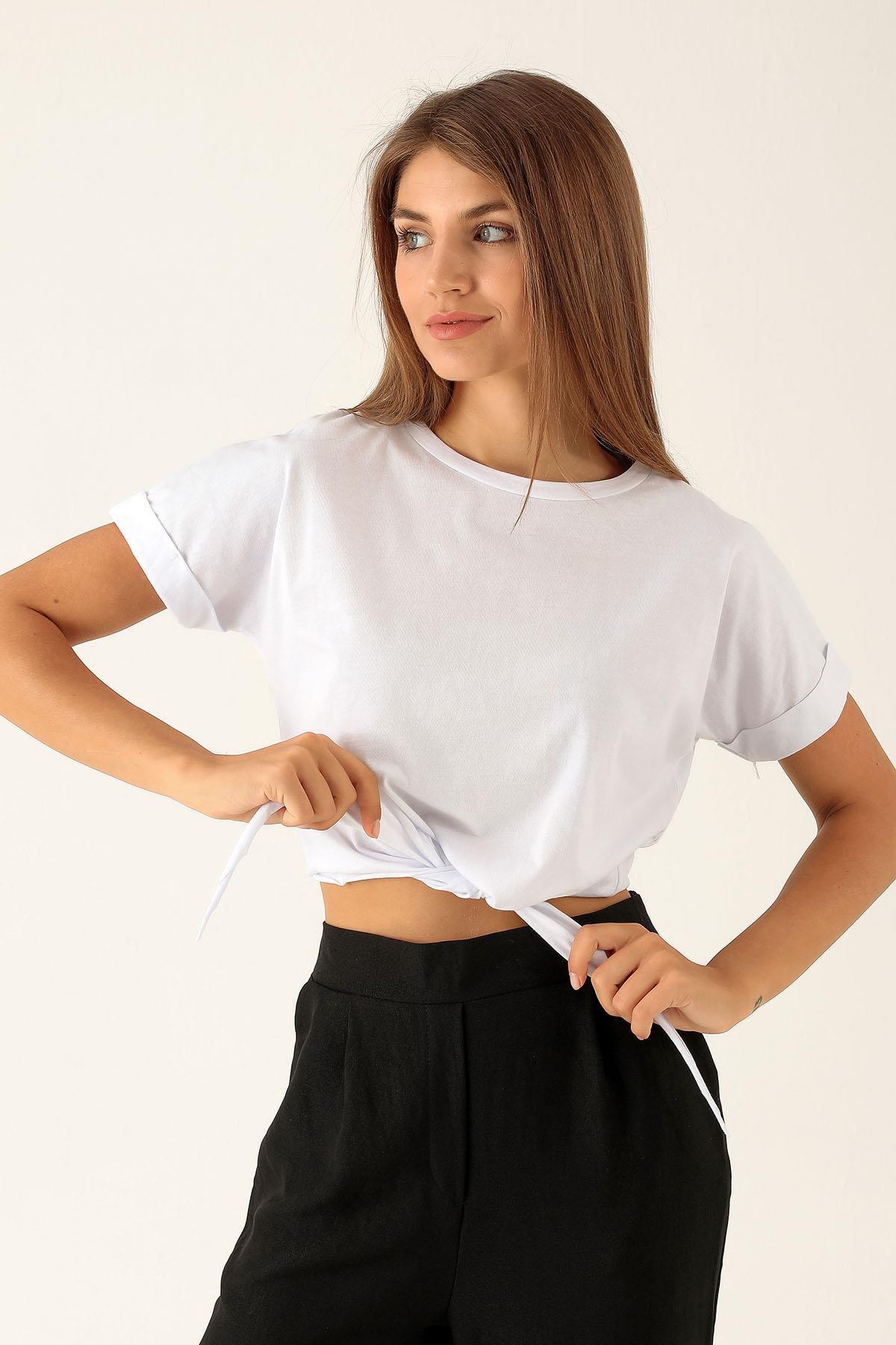 Bağlama Detaylı Kısa Bayan Tişort - 8048M Beyaz - 4