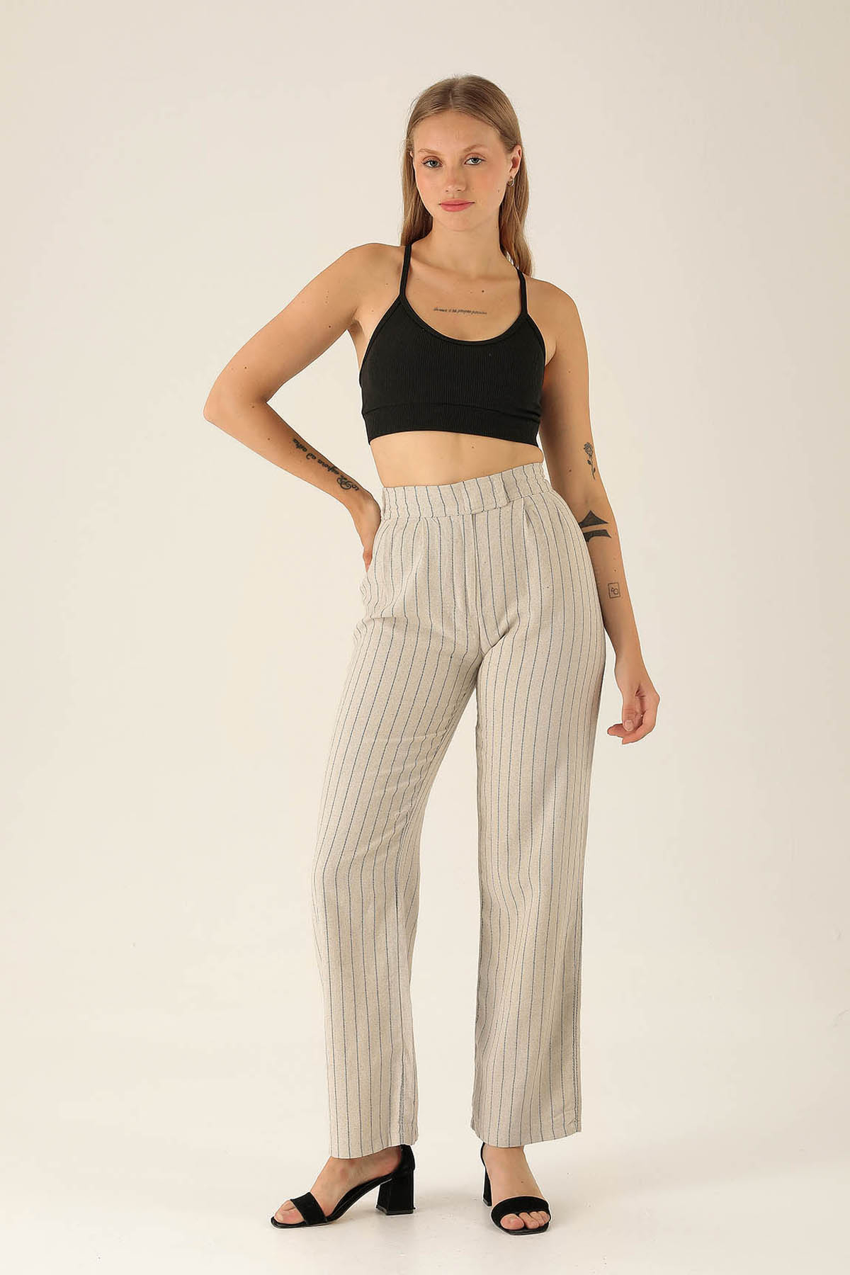 Bantlı Çizgili Palazzo Bayan Pantolon - 3043 Siyah 