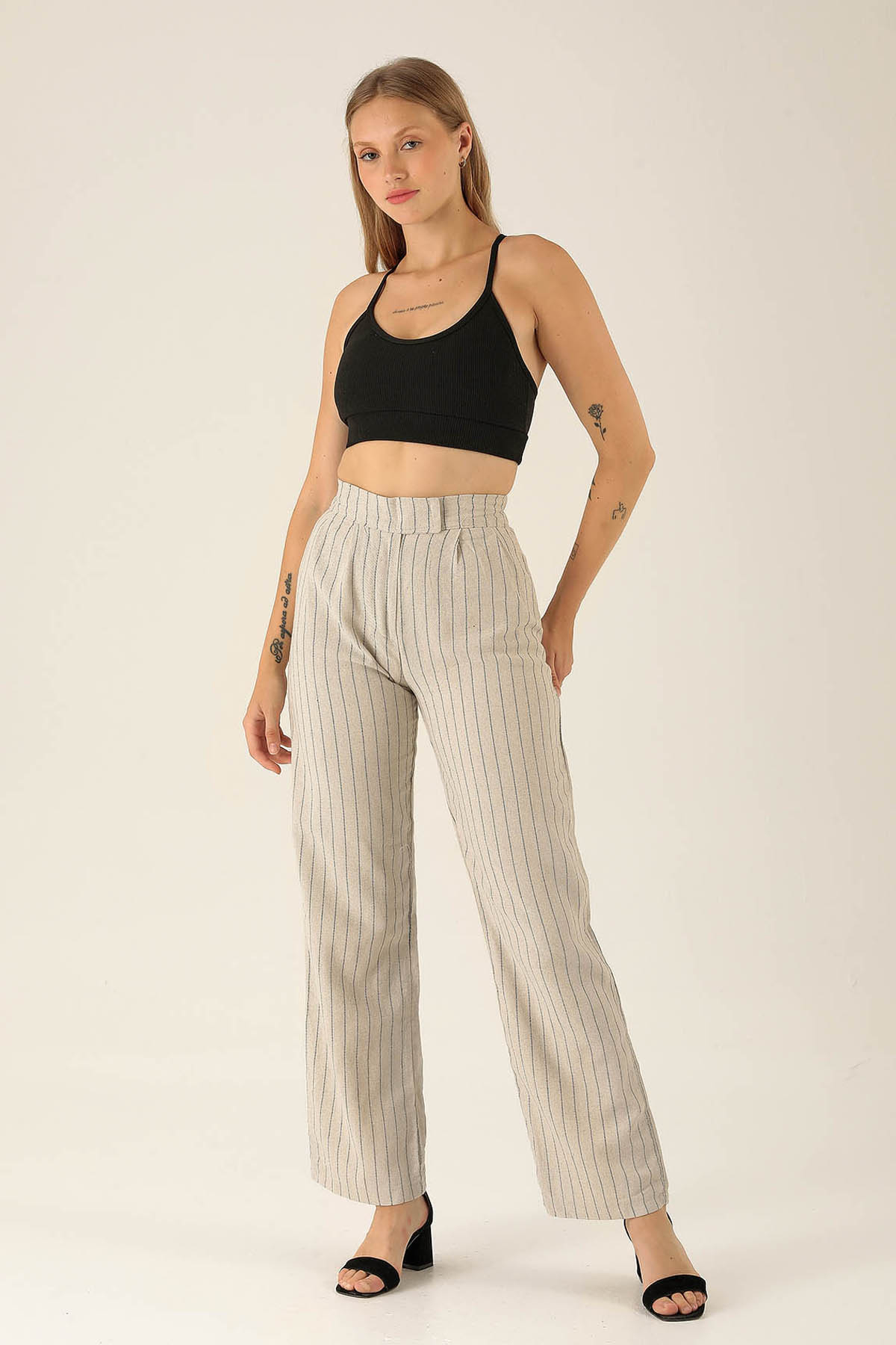 Bantlı Çizgili Palazzo Bayan Pantolon - 3043 Siyah - 2