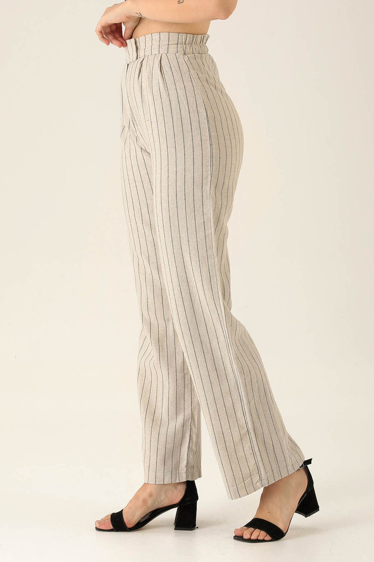 Bantlı Çizgili Palazzo Bayan Pantolon - 3043 Siyah - 4