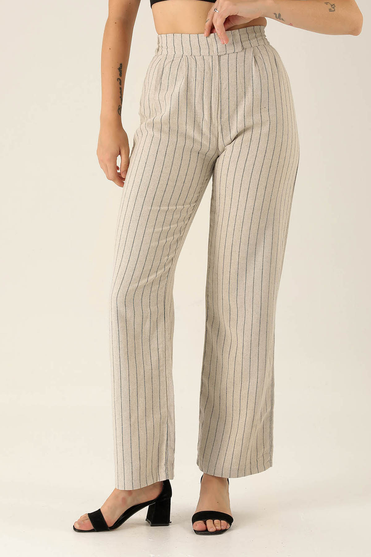 Bantlı Çizgili Palazzo Bayan Pantolon - 3043 Siyah - 3