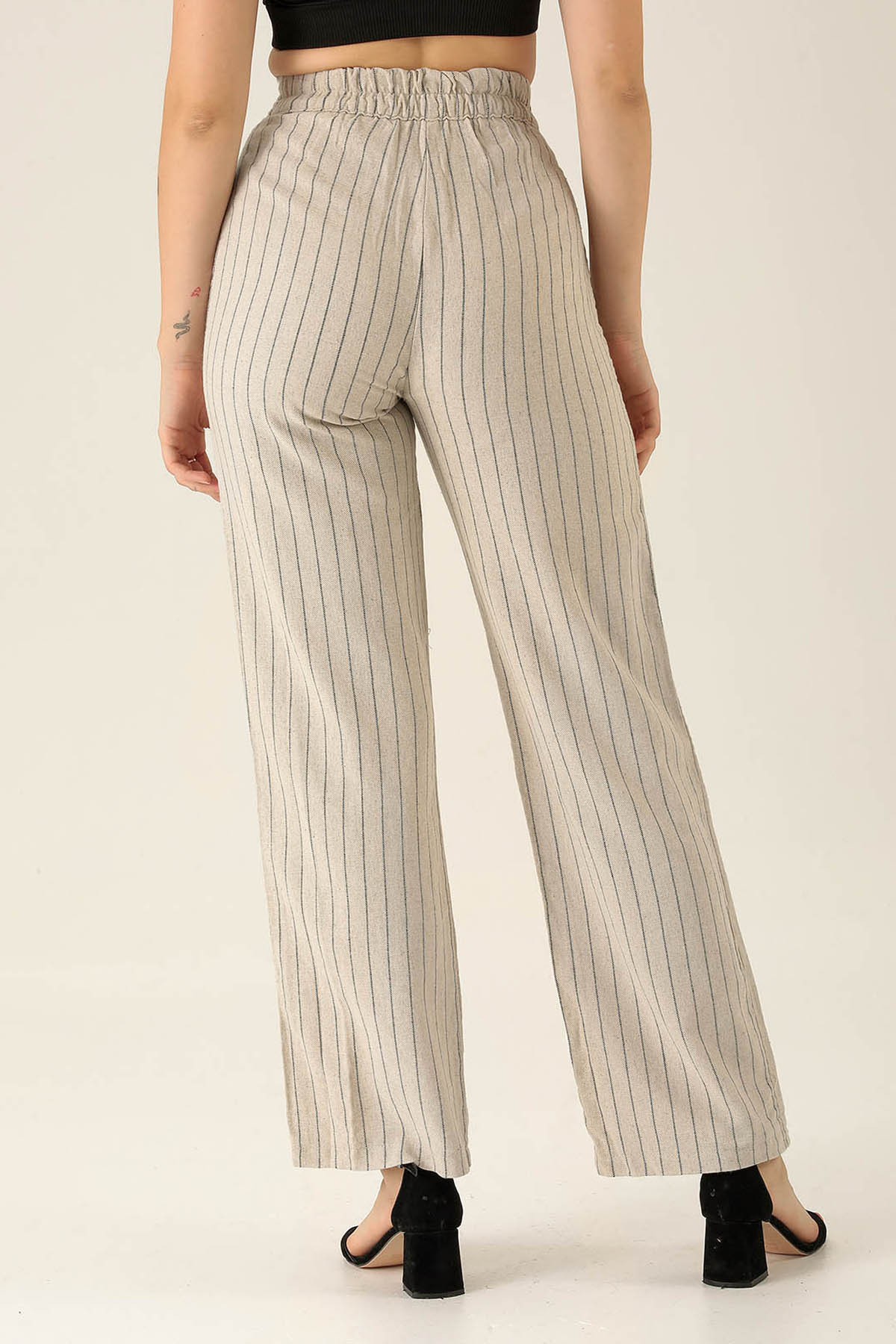 Bantlı Çizgili Palazzo Bayan Pantolon - 3043 Siyah - 5