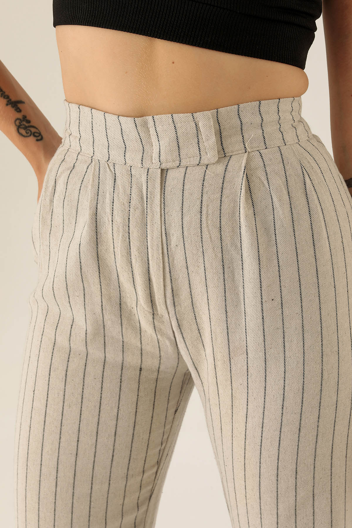 Bantlı Çizgili Palazzo Bayan Pantolon - 3043 Siyah - 6