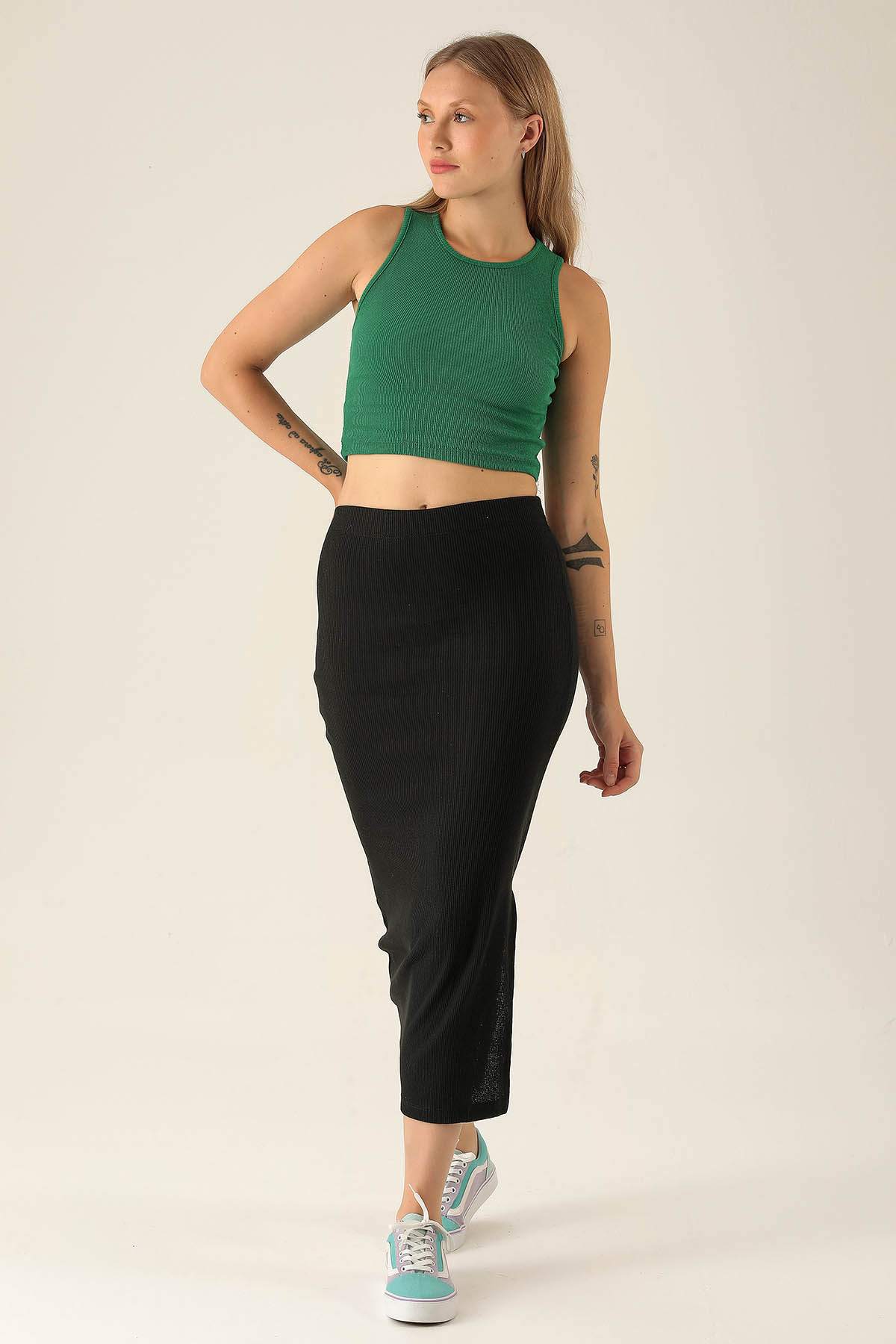 B Yeşili Fitilli Crop Kadın Atlet 1312 - 3