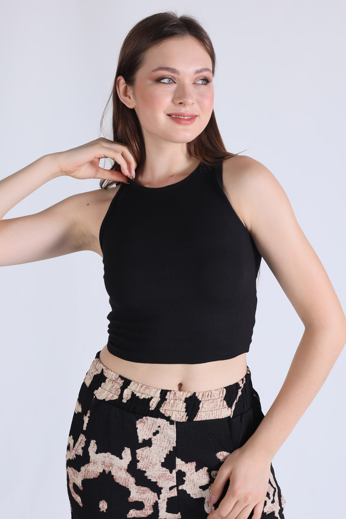 Siyah Fitilli Crop Kadın Atlet 1312 - 1