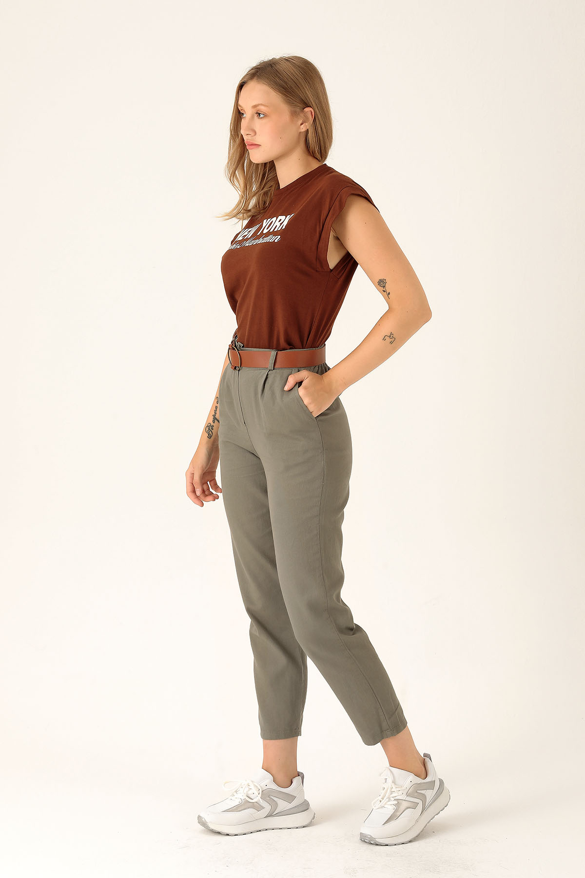 Bayan Kemer Detay Gabardin Bayan Pantolon - 5925 Olive Yeşili - 2