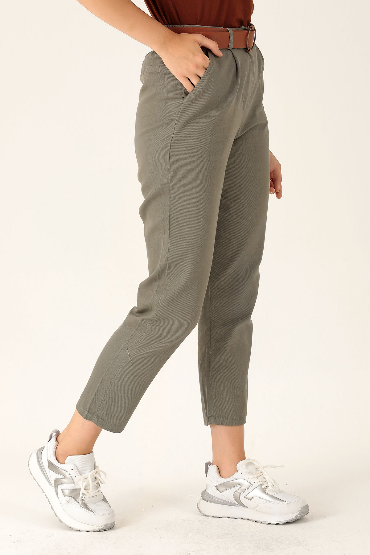 Bayan Kemer Detay Gabardin Bayan Pantolon - 5925 Olive Yeşili - 4