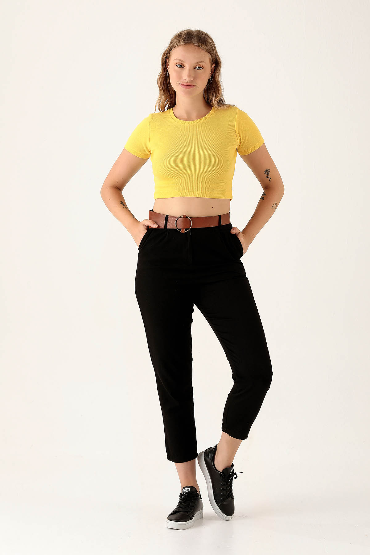 Bayan Kemer Detay Gabardin Bayan Pantolon - 5925 Siyah 