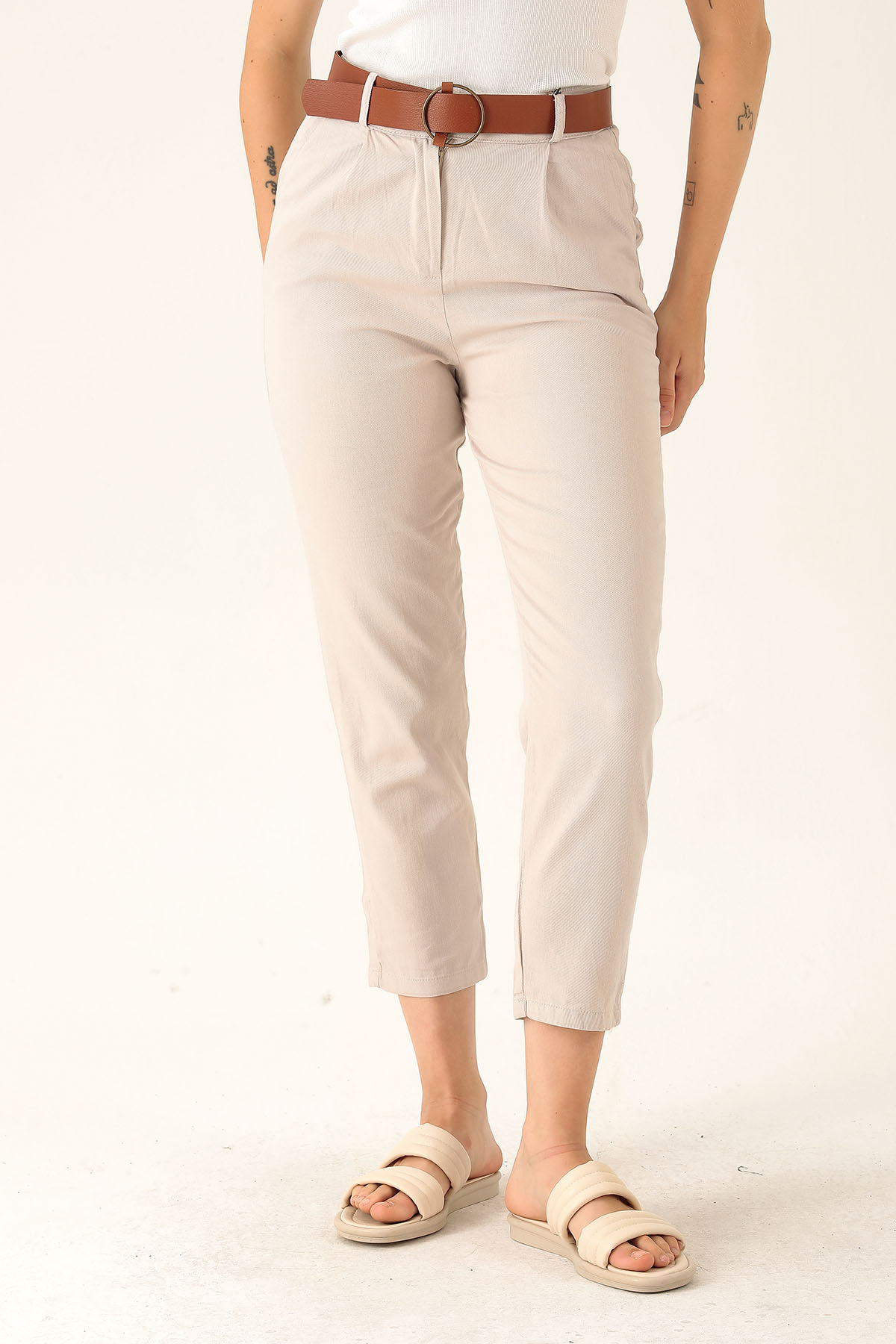 Bayan Kemer Detay Gabardin Bayan Pantolon - 5925 Taş - 3