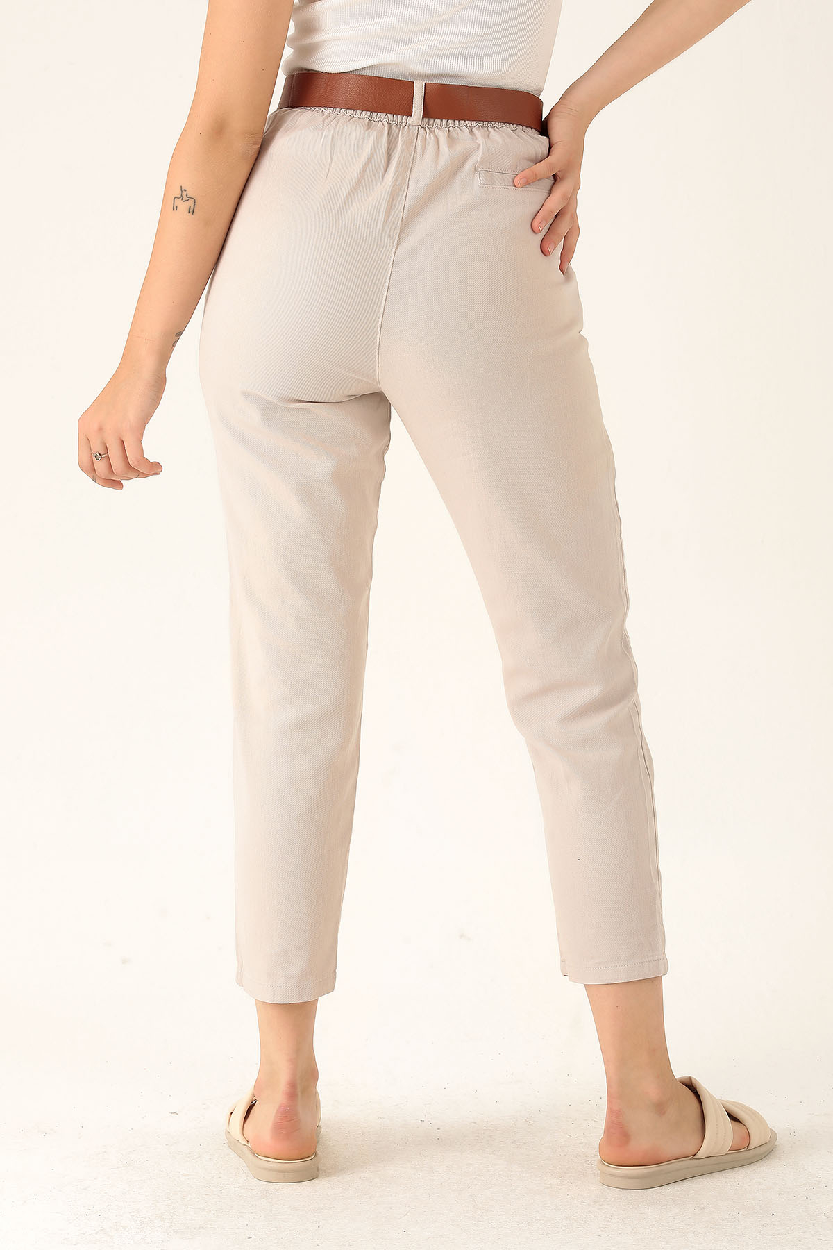 Bayan Kemer Detay Gabardin Bayan Pantolon - 5925 Taş - 5