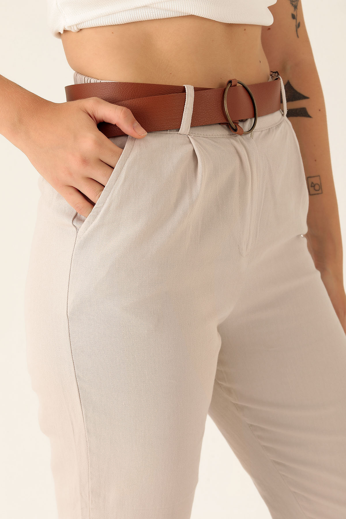 Bayan Kemer Detay Gabardin Bayan Pantolon - 5925 Taş - 6