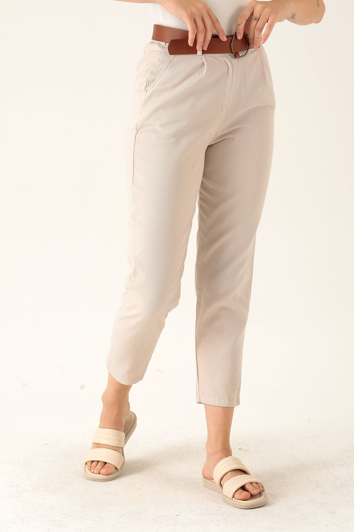 Bayan Kemer Detay Gabardin Bayan Pantolon - 5925 Taş - 4