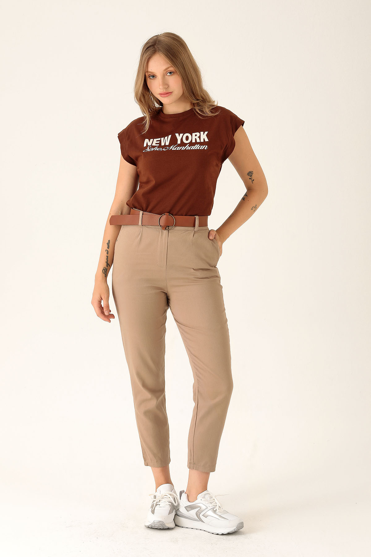 Bayan Kemer Detay Gabardin Bayan Pantolon - 5925 Vizon 