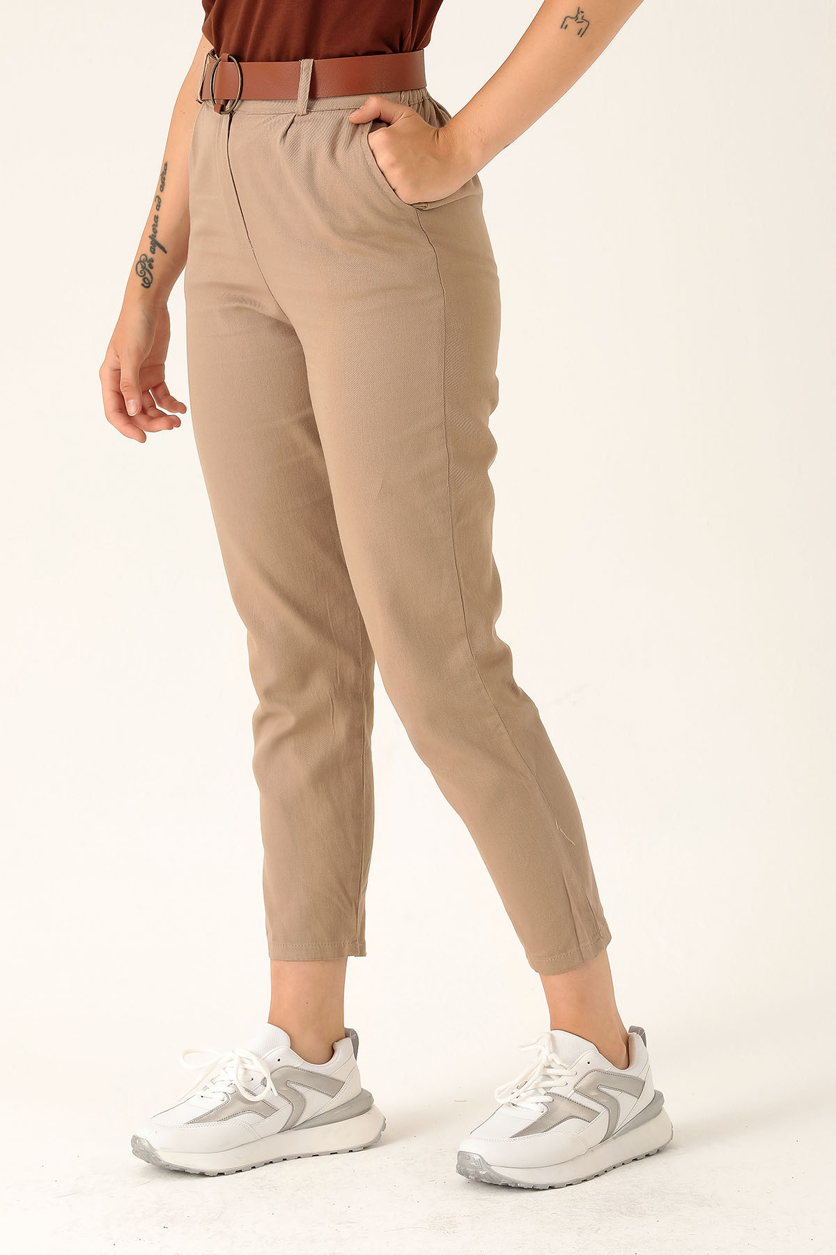 Bayan Kemer Detay Gabardin Bayan Pantolon - 5925 Vizon - 4