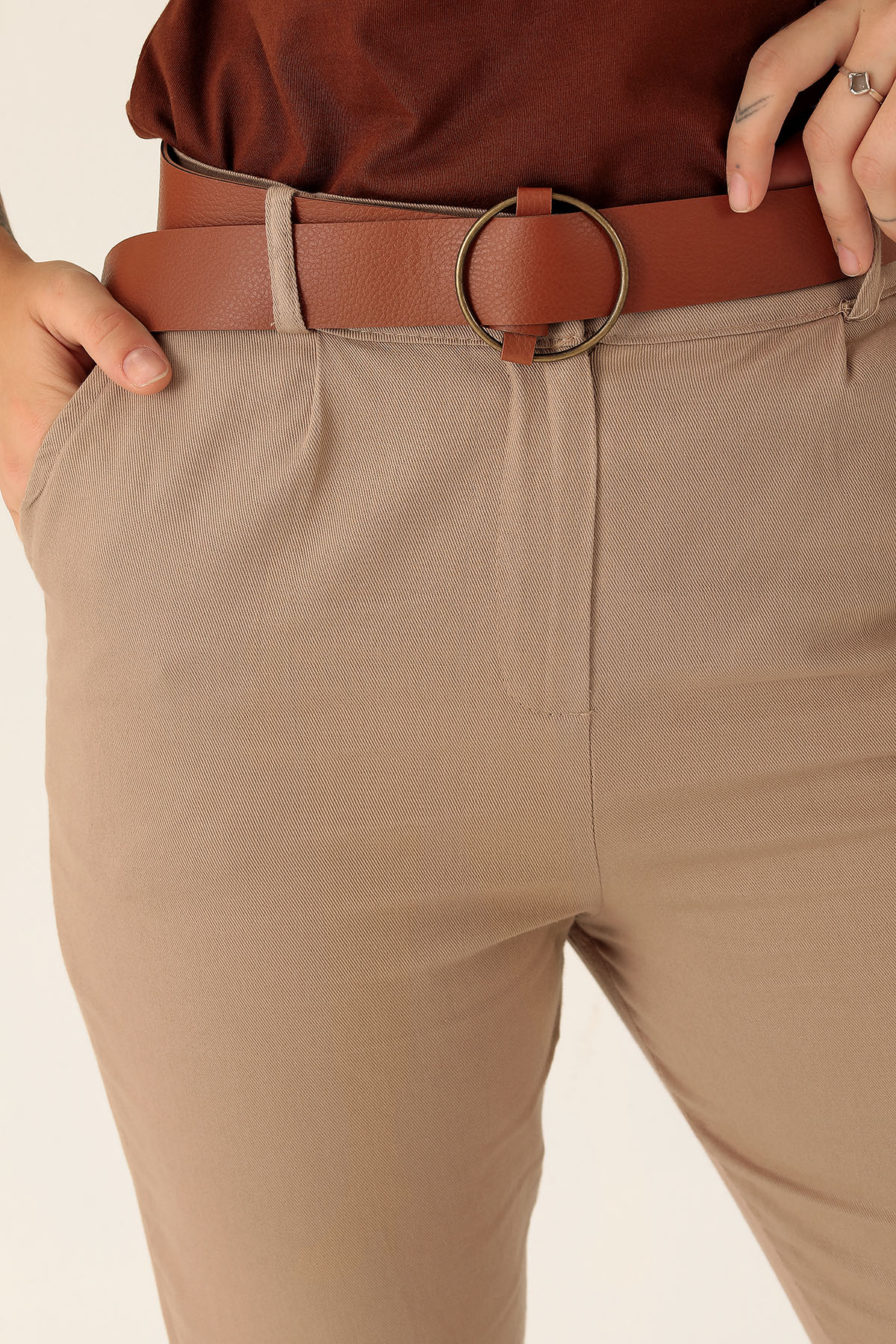 Bayan Kemer Detay Gabardin Bayan Pantolon - 5925 Vizon - 6