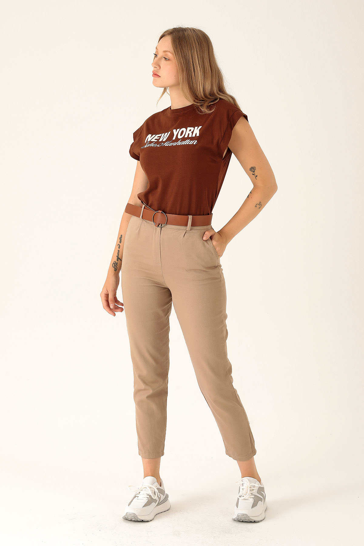 Bayan Kemer Detay Gabardin Bayan Pantolon - 5925 Vizon - 2