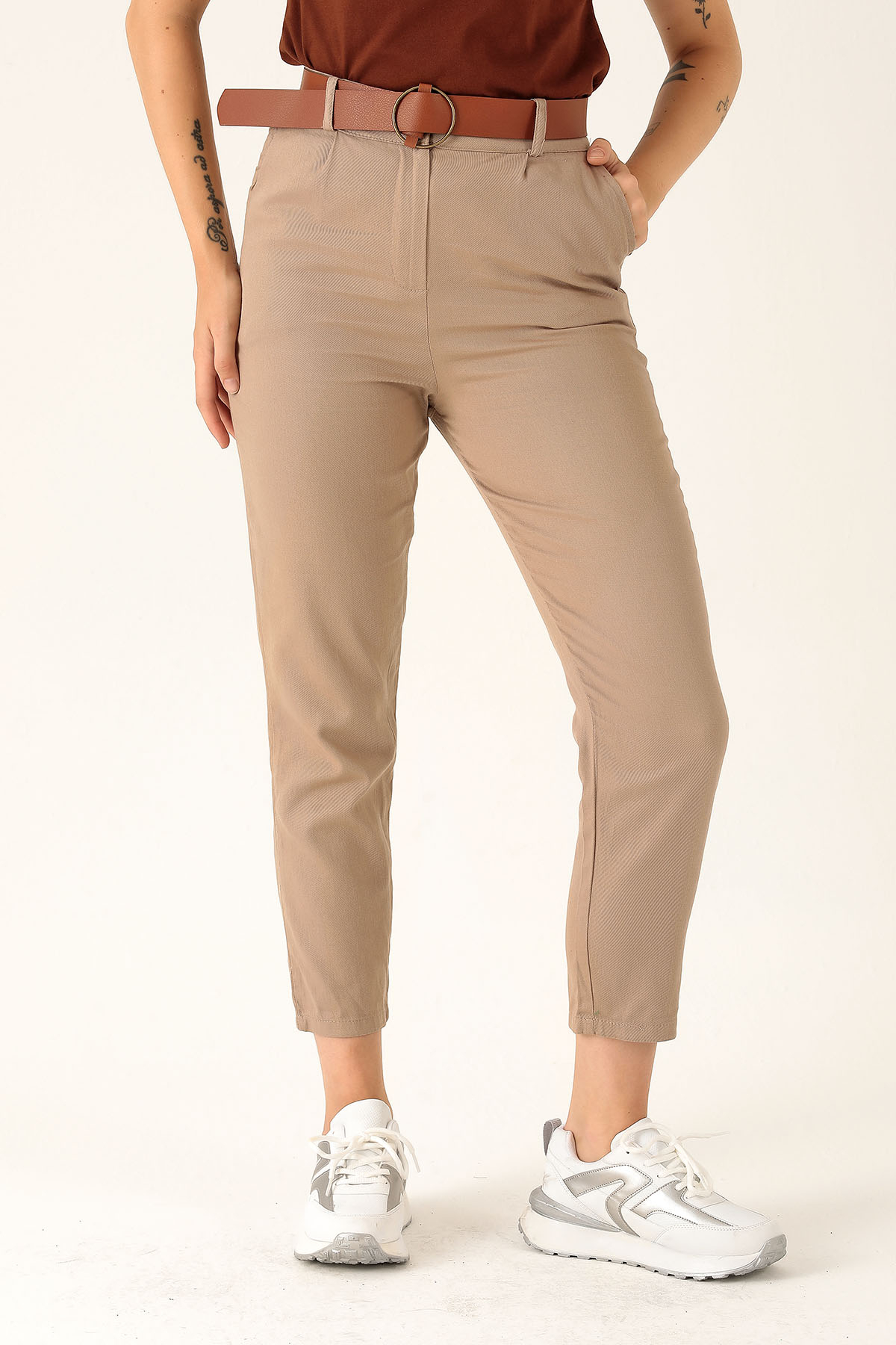 Bayan Kemer Detay Gabardin Bayan Pantolon - 5925 Vizon - 3