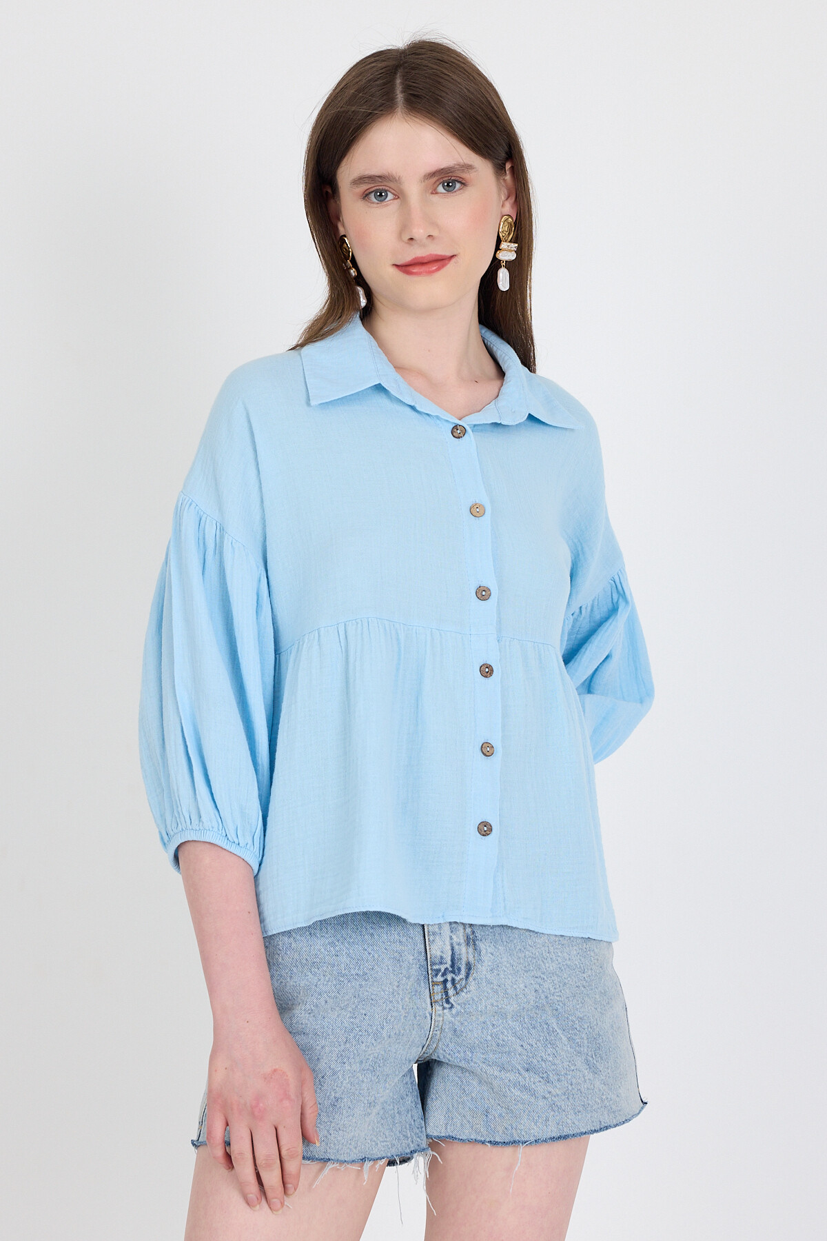 Bebe Mavi %100 Pamuk Keten Görünümlü Düğmeli Gömlek 4783A - 2