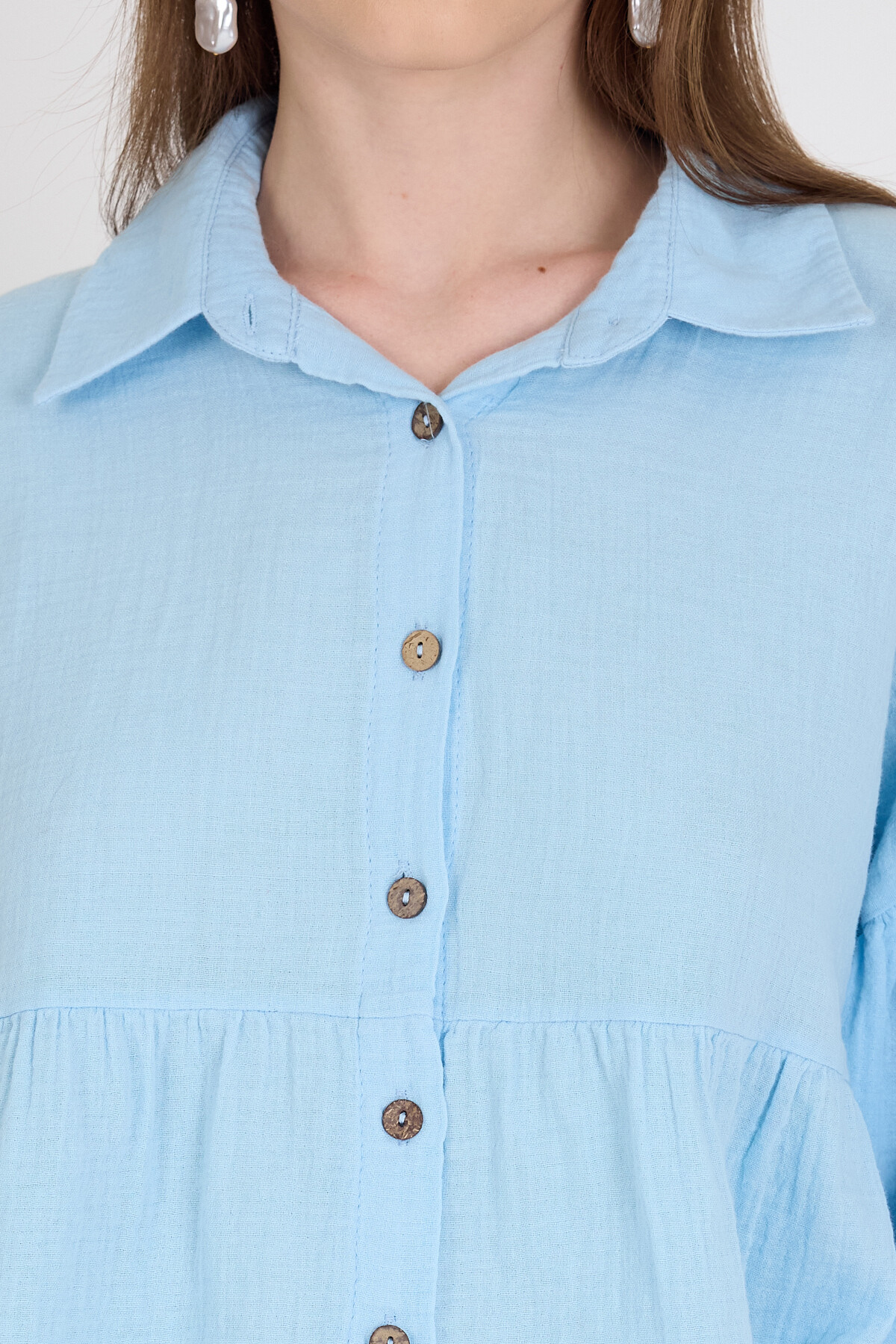 Bebe Mavi %100 Pamuk Keten Görünümlü Düğmeli Gömlek 4783A - 4