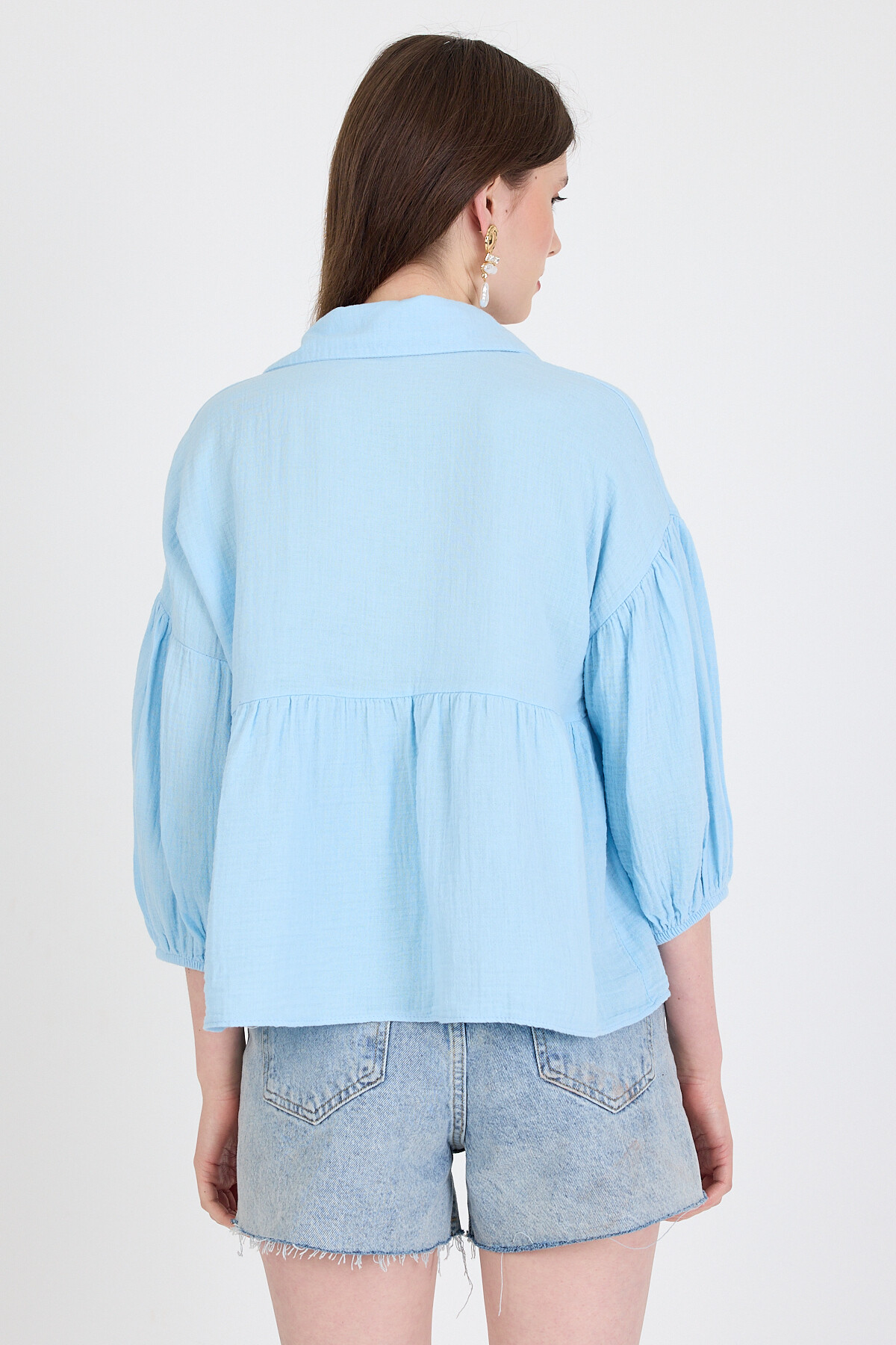 Bebe Mavi %100 Pamuk Keten Görünümlü Düğmeli Gömlek 4783A - 5