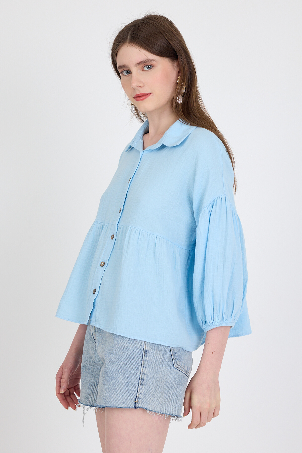 Bebe Mavi %100 Pamuk Keten Görünümlü Düğmeli Gömlek 4783A - 6