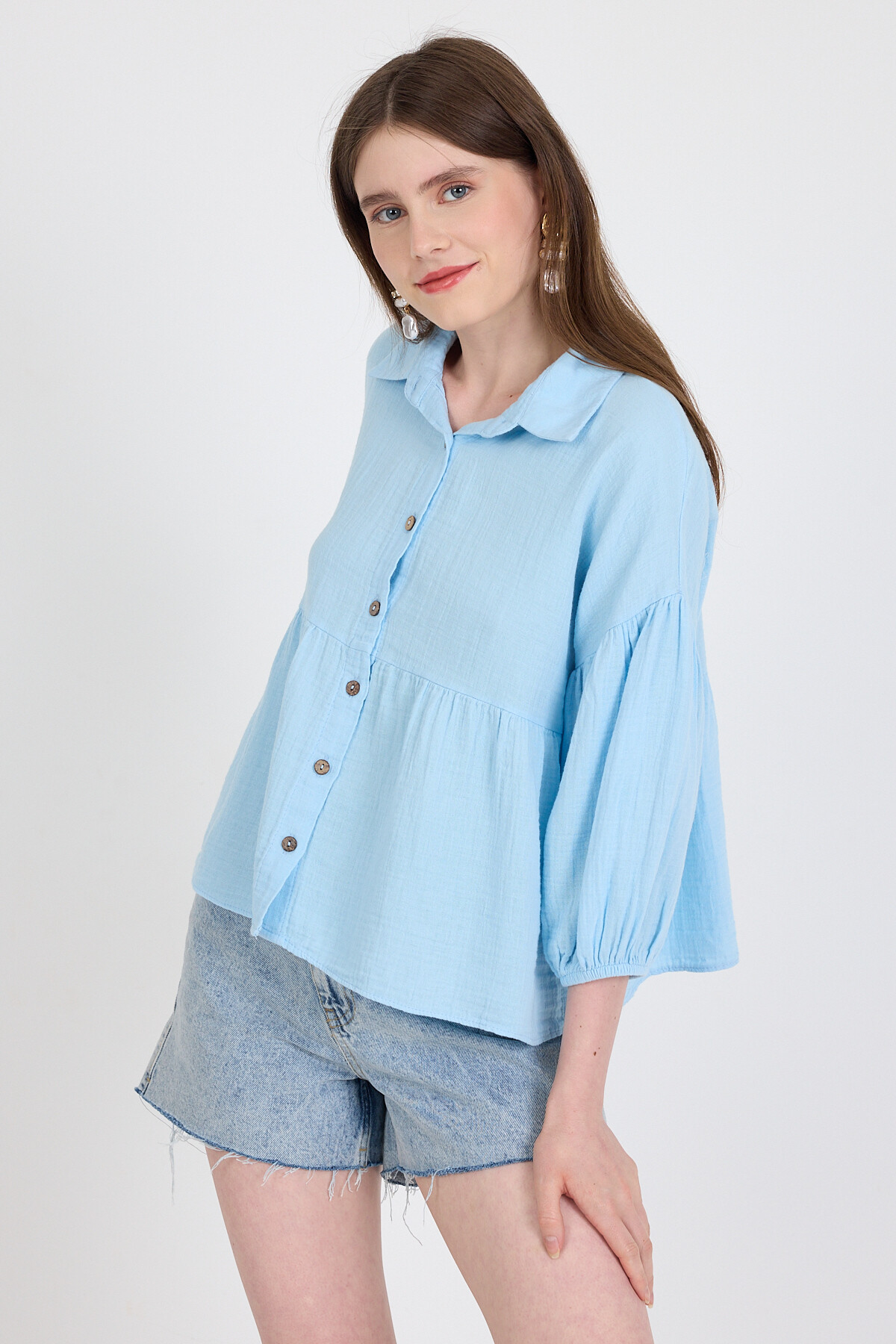 Bebe Mavi %100 Pamuk Keten Görünümlü Düğmeli Gömlek 4783A - 1