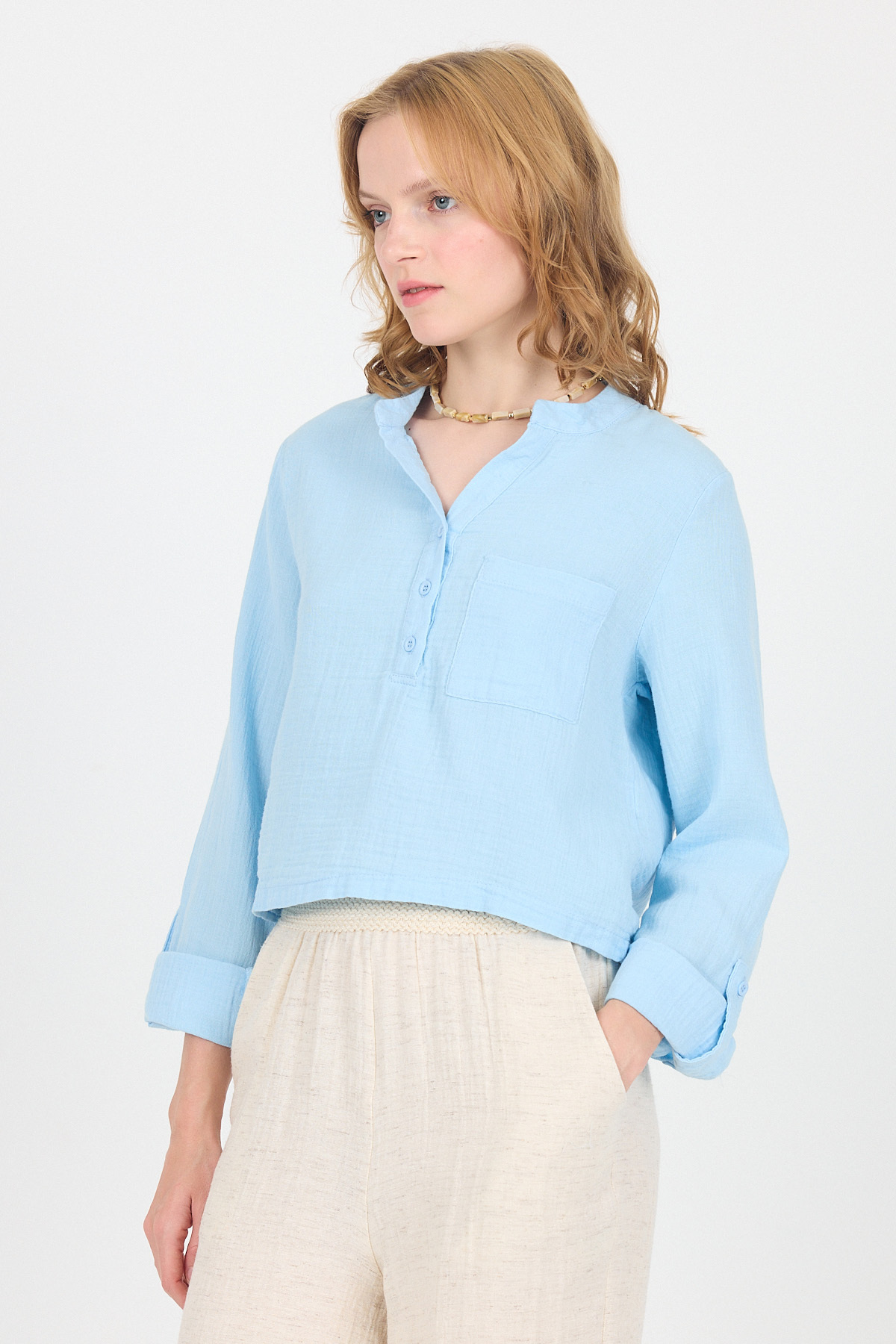 Bebe Mavi %100 Pamuk Keten Görünümlü Hakim Yaka Crop Gömlek 4702A - 7