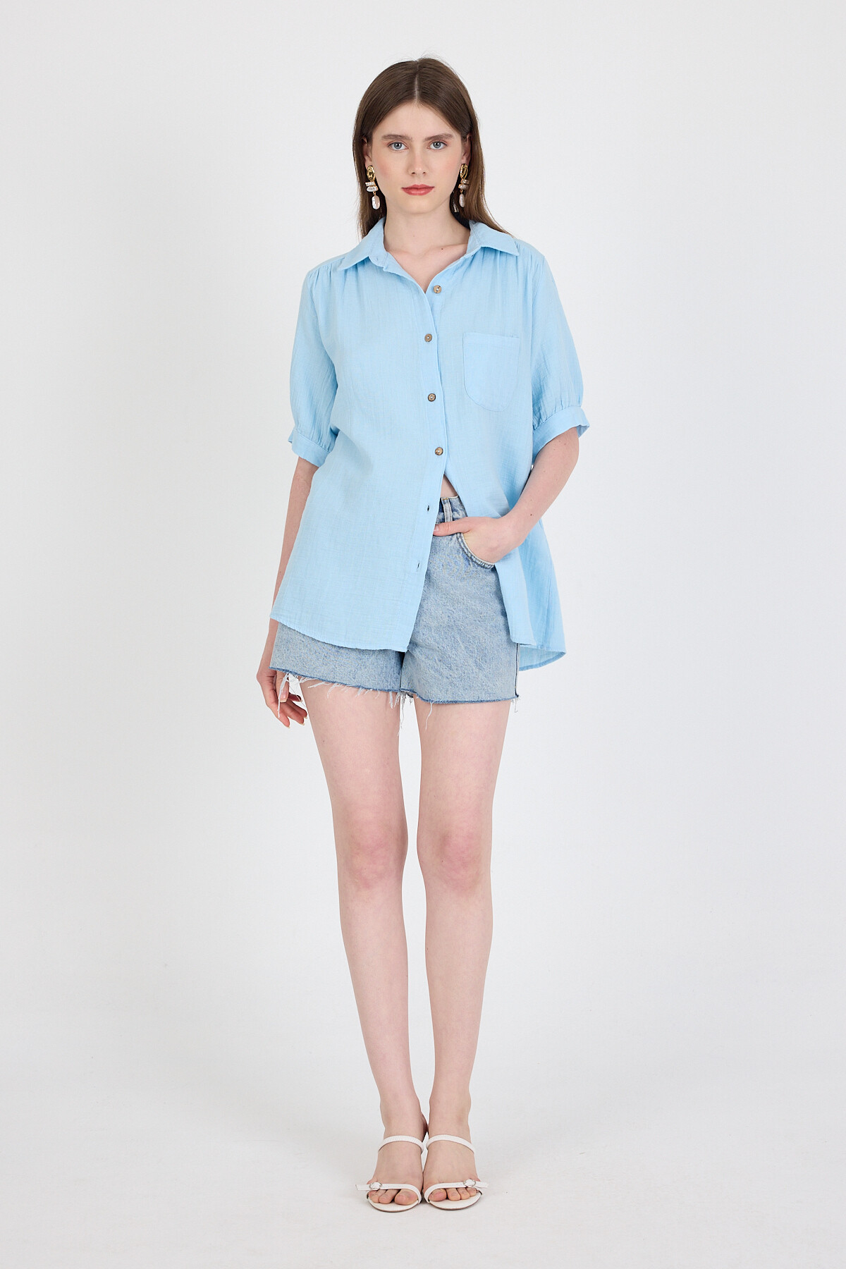 Bebe Mavi %100 Pamuk Kısa Kollu Cepli Gömlek 4787A - RAYS