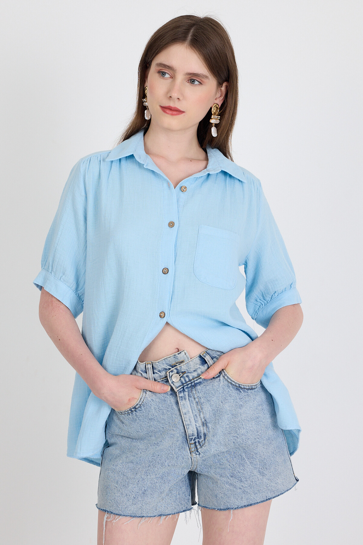 Bebe Mavi %100 Pamuk Kısa Kollu Cepli Gömlek 4787A - 6
