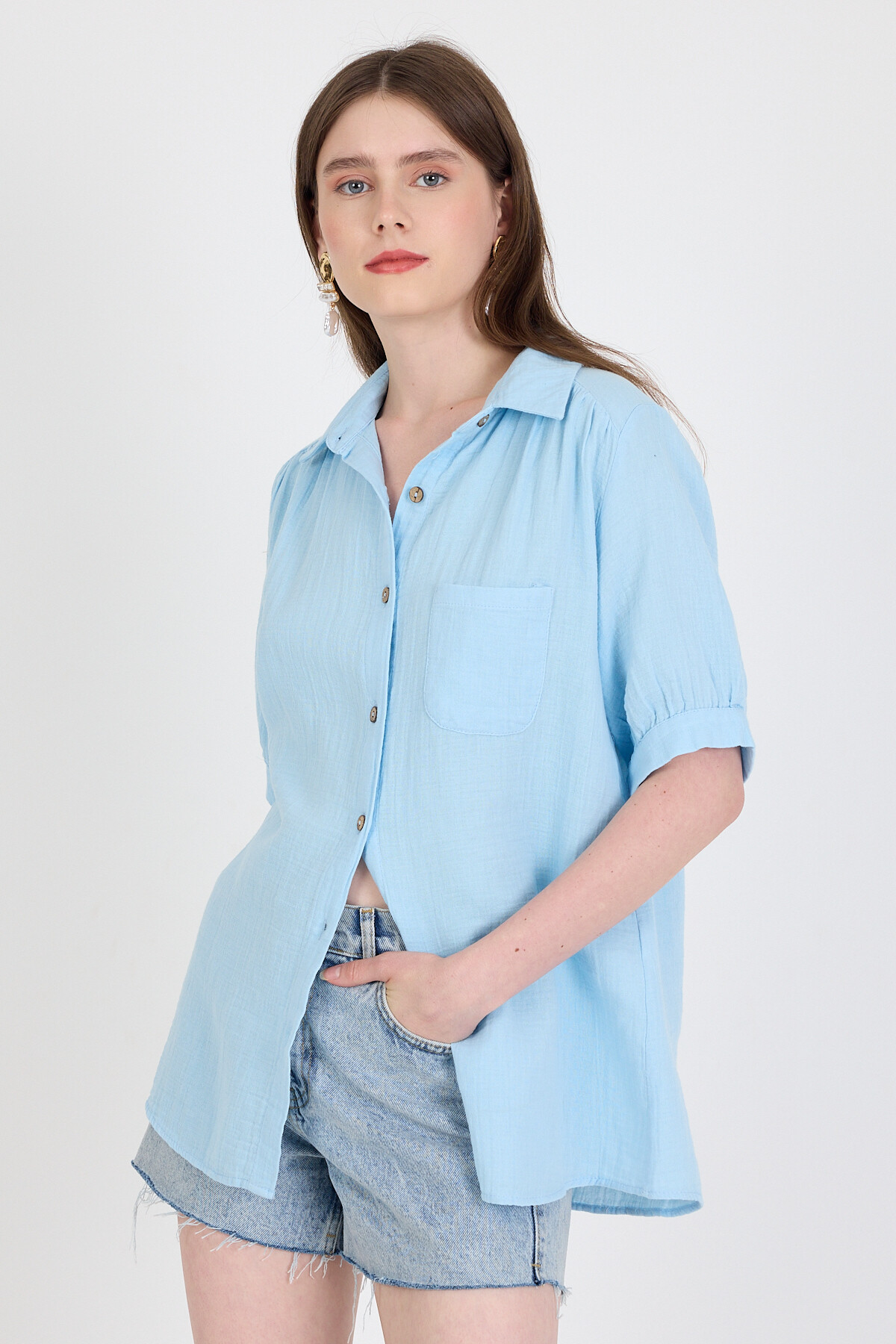 Bebe Mavi %100 Pamuk Kısa Kollu Cepli Gömlek 4787A - 1