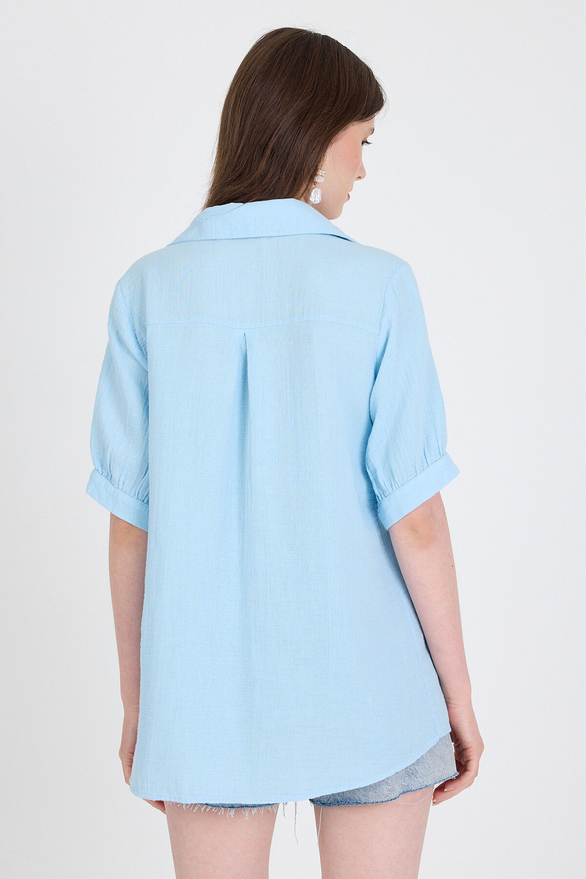 Bebe Mavi %100 Pamuk Kısa Kollu Cepli Gömlek 4787A - 5
