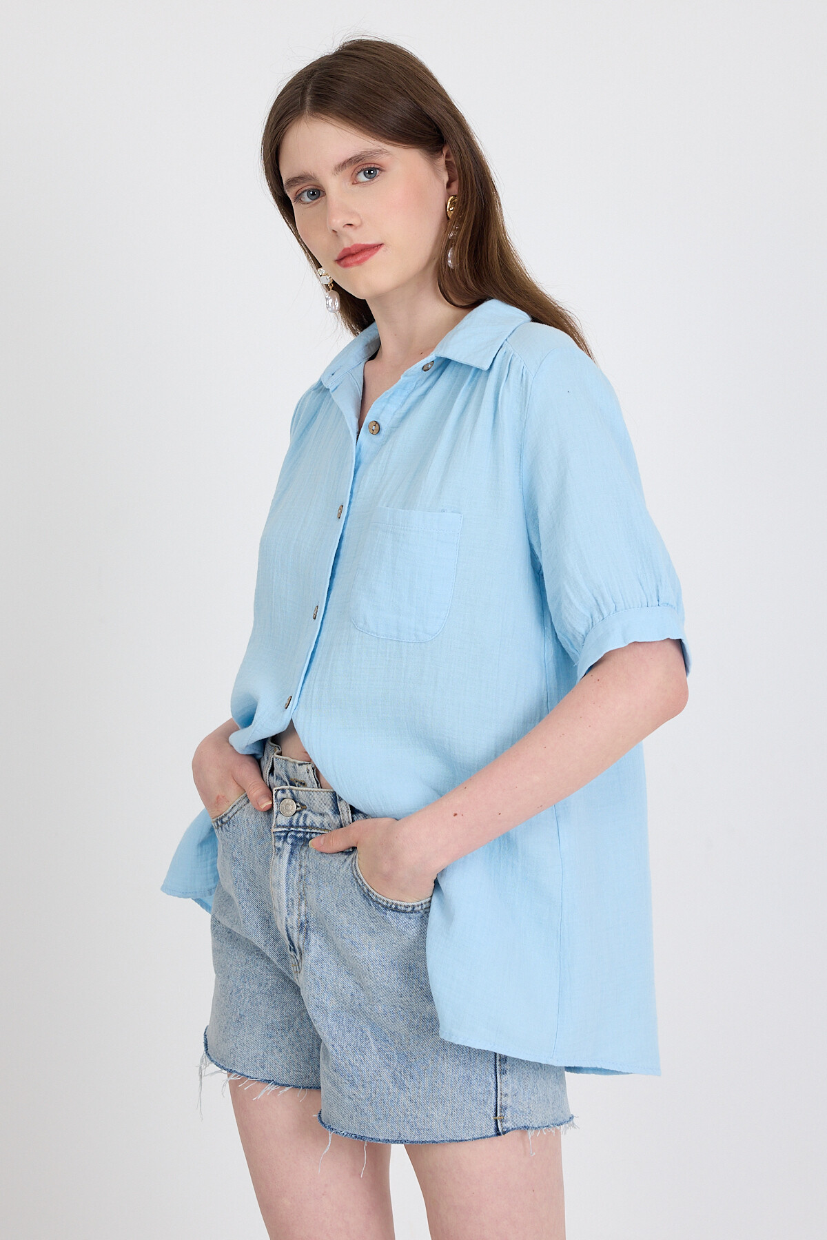 Bebe Mavi %100 Pamuk Kısa Kollu Cepli Gömlek 4787A - 2