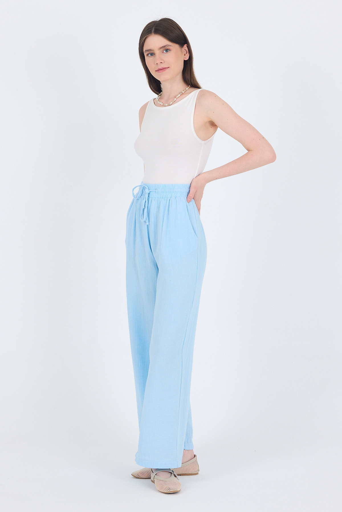 Bebe Mavi %100 Pamuk Müslin Palazzo/Bol Paça Pantolon 8056A - RAYS